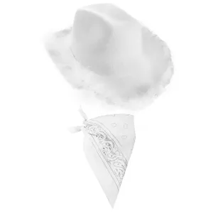 White Cowboy Hat with Marabou Trim + White Paisley Bandana