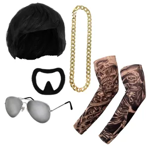 Ibiza Final Boss Costume Accessory Set | 5 Pcs | Wig, Chain, Aviator Sunglasses, Goatee & Tattoo Sleeves