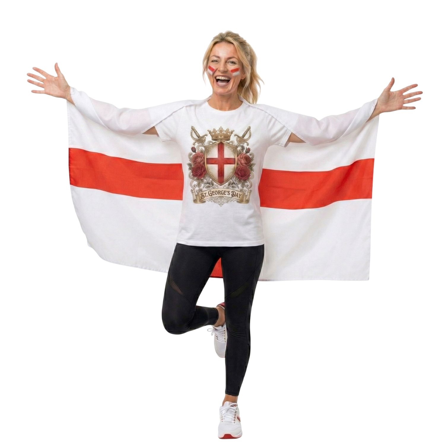 Ladies St George’s Day T-Shirt with Face Paint & England Flag Cape | Women’s Patriotic Supporter Outfit | Red & White Celebration Top