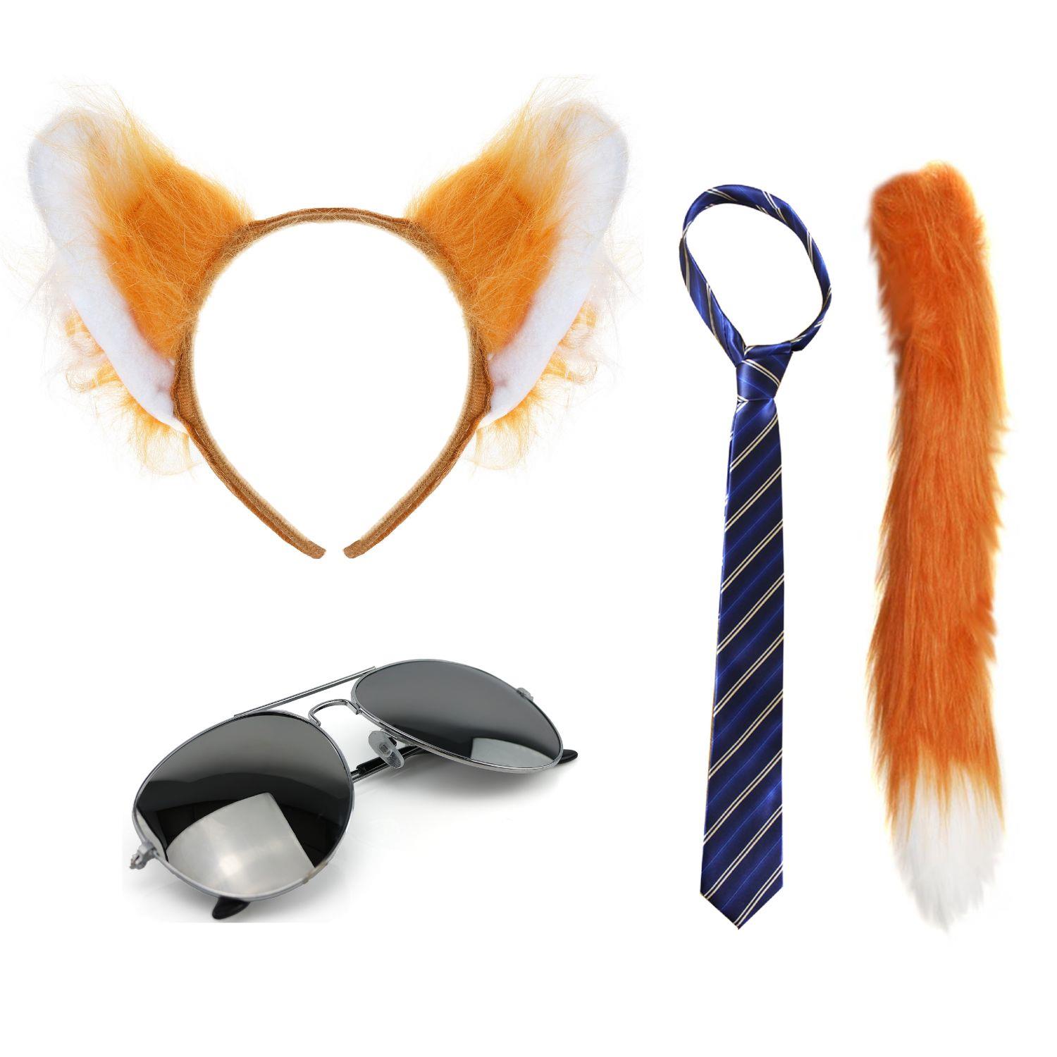 Nick Fox Costume | 4 Pcs | Ears, Tie, Thin Tail & Sunglasses