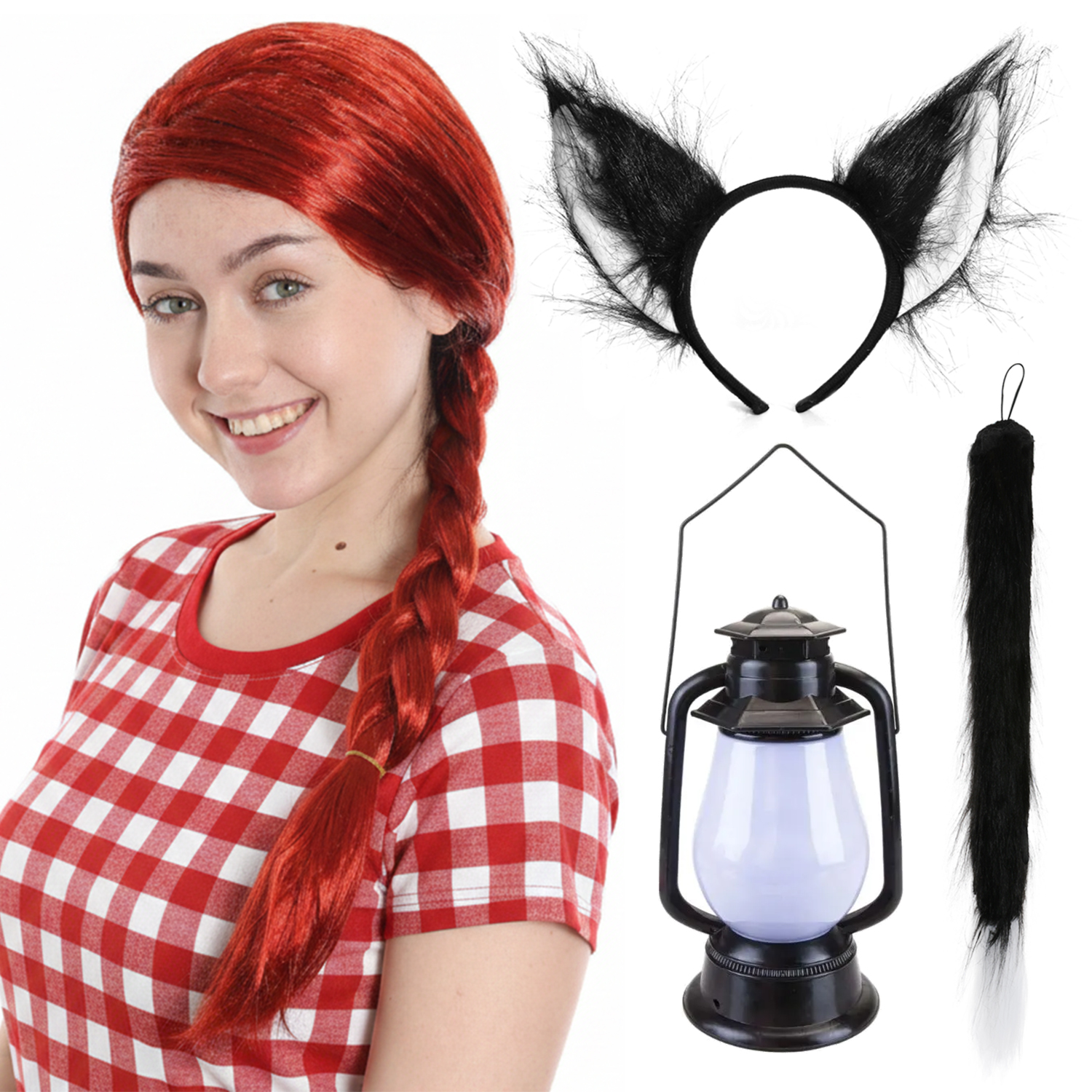Adults Rebel Girl Costume Set | 4 Pcs | Plait Wig, Cat Ears, Thin Tail & Lantern