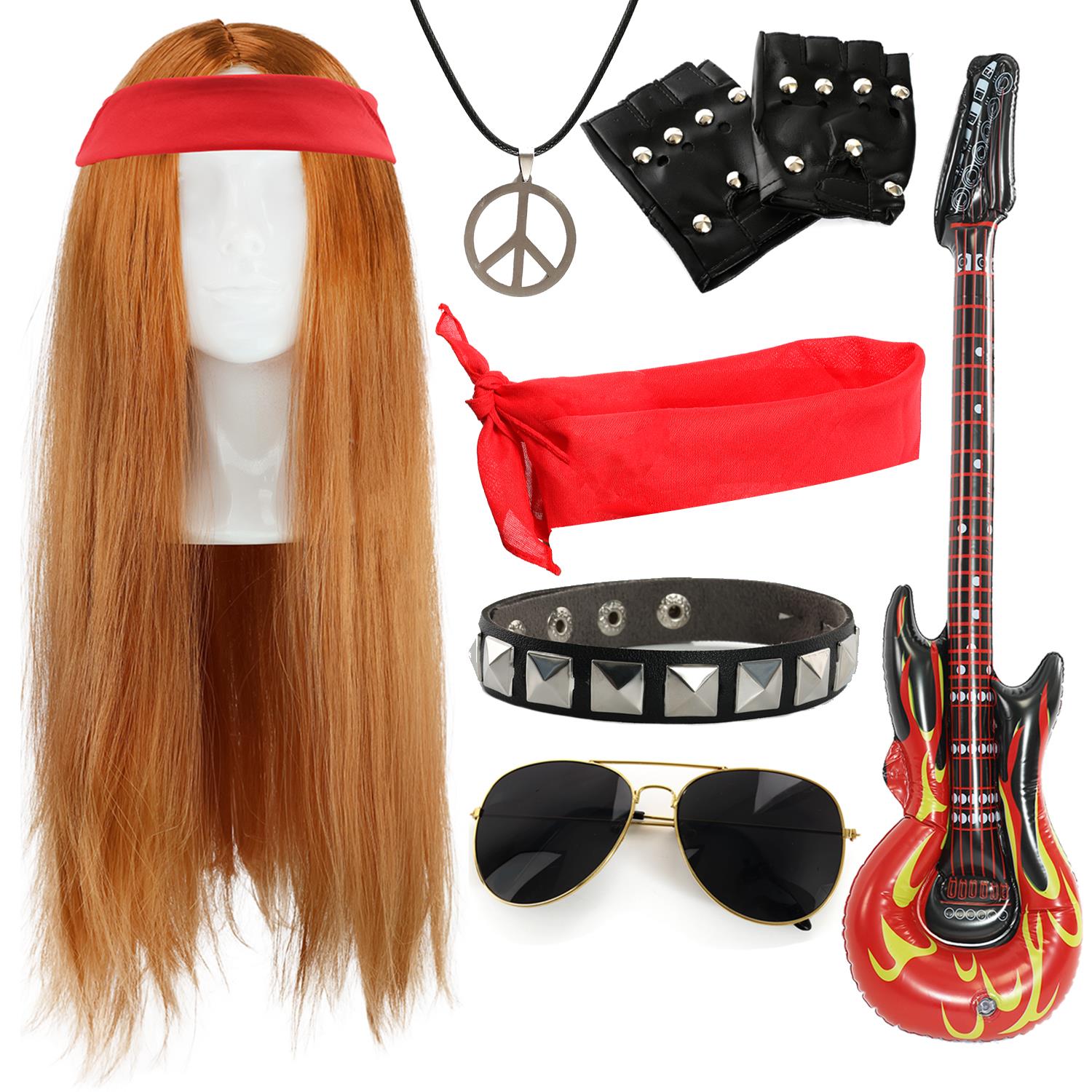 Axl Rose Inspired Accessory Set | 7 Pcs | Ginger Wig, Red Bandana, Gloves, Necklace, Inflatable Guitar, Glasses & Arm Band