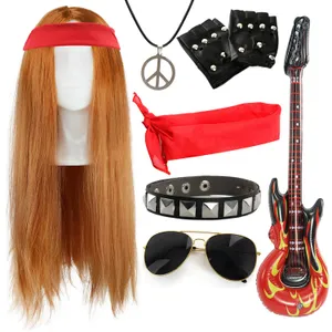Axl Rose Inspired Accessory Set | 7 Pcs | Ginger Wig, Red Bandana, Gloves, Necklace, Inflatable Guitar, Glasses & Arm Band