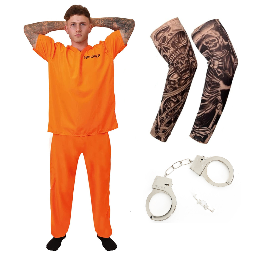 Adults Orange Prisoner Costume with Handcuffs & Tattoo Sleeves