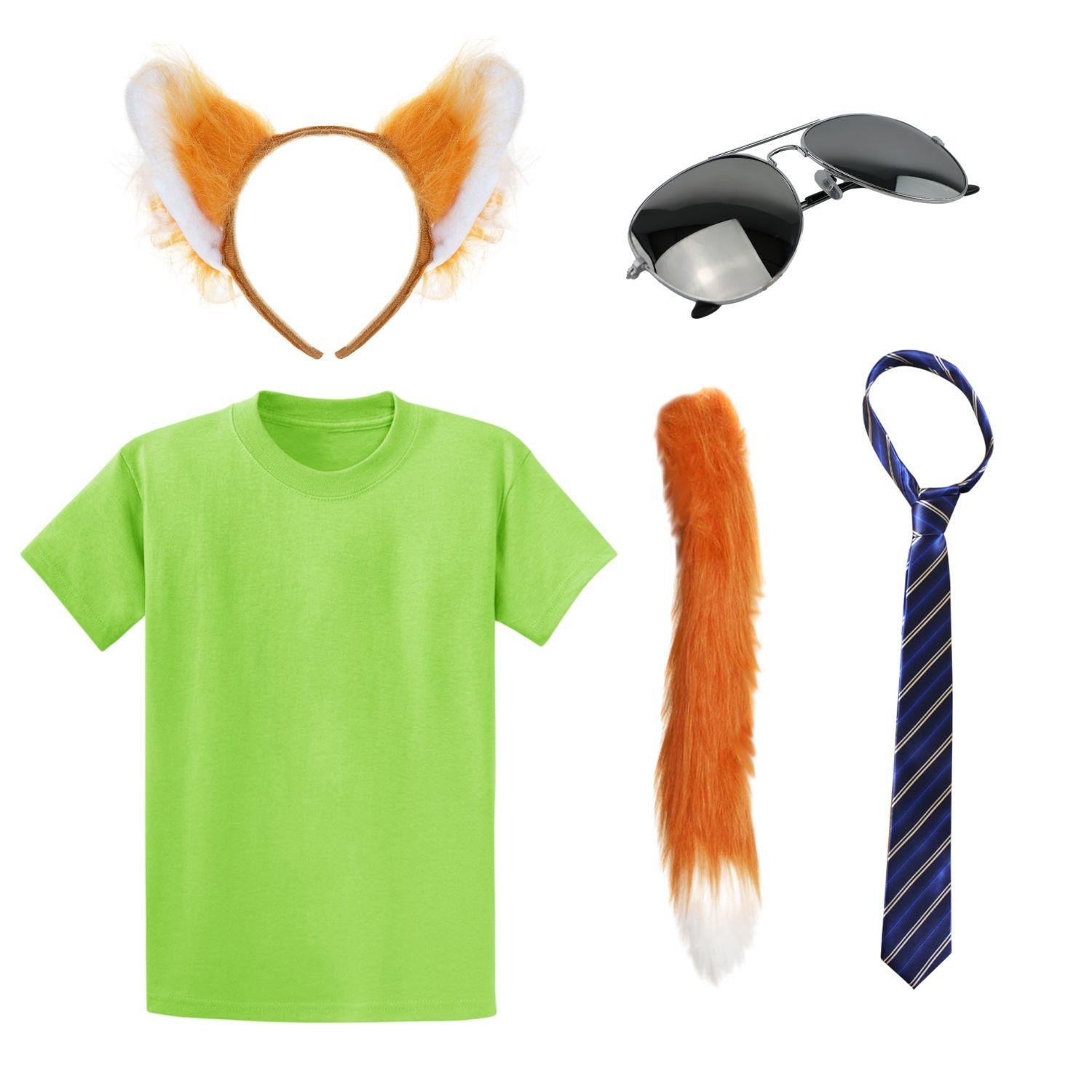Adults Nick Fox Costume | 5 Pcs | T-shirt, Ears, Tie, Thin Tail & Sunglasses