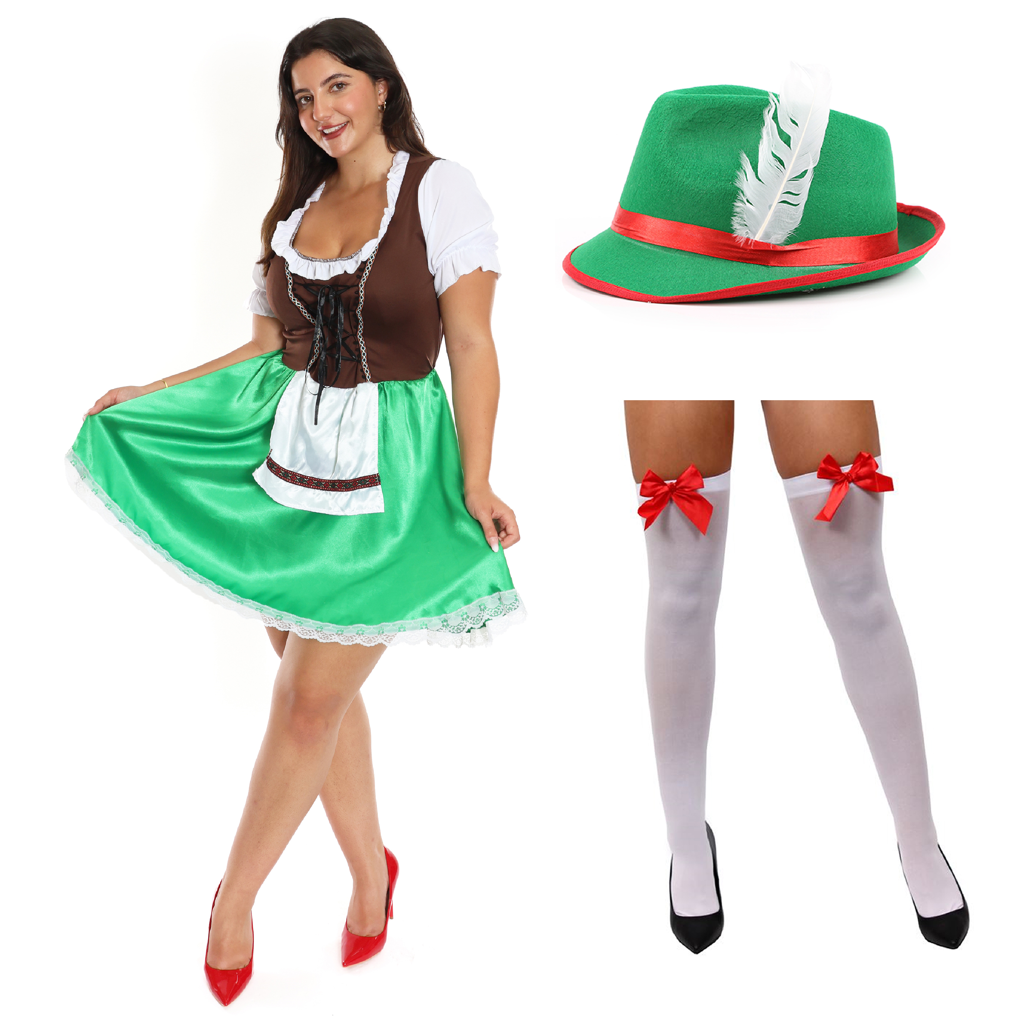 Ladies Green & Brown Bavarian Dress with Bow Stockings & Hat