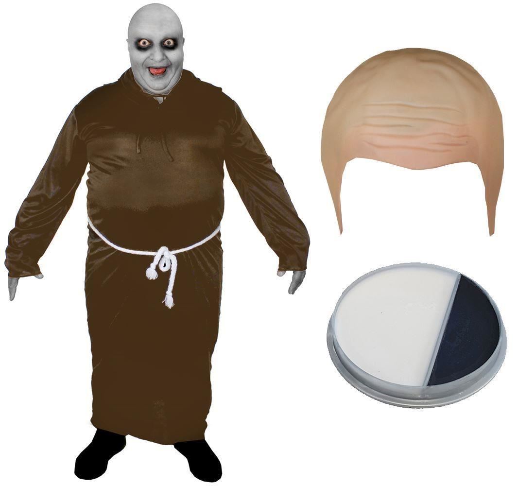 Adults Bald Festering Uncle Costume | 3 Pcs | Brown Robe, Bald Cap & Face Paint