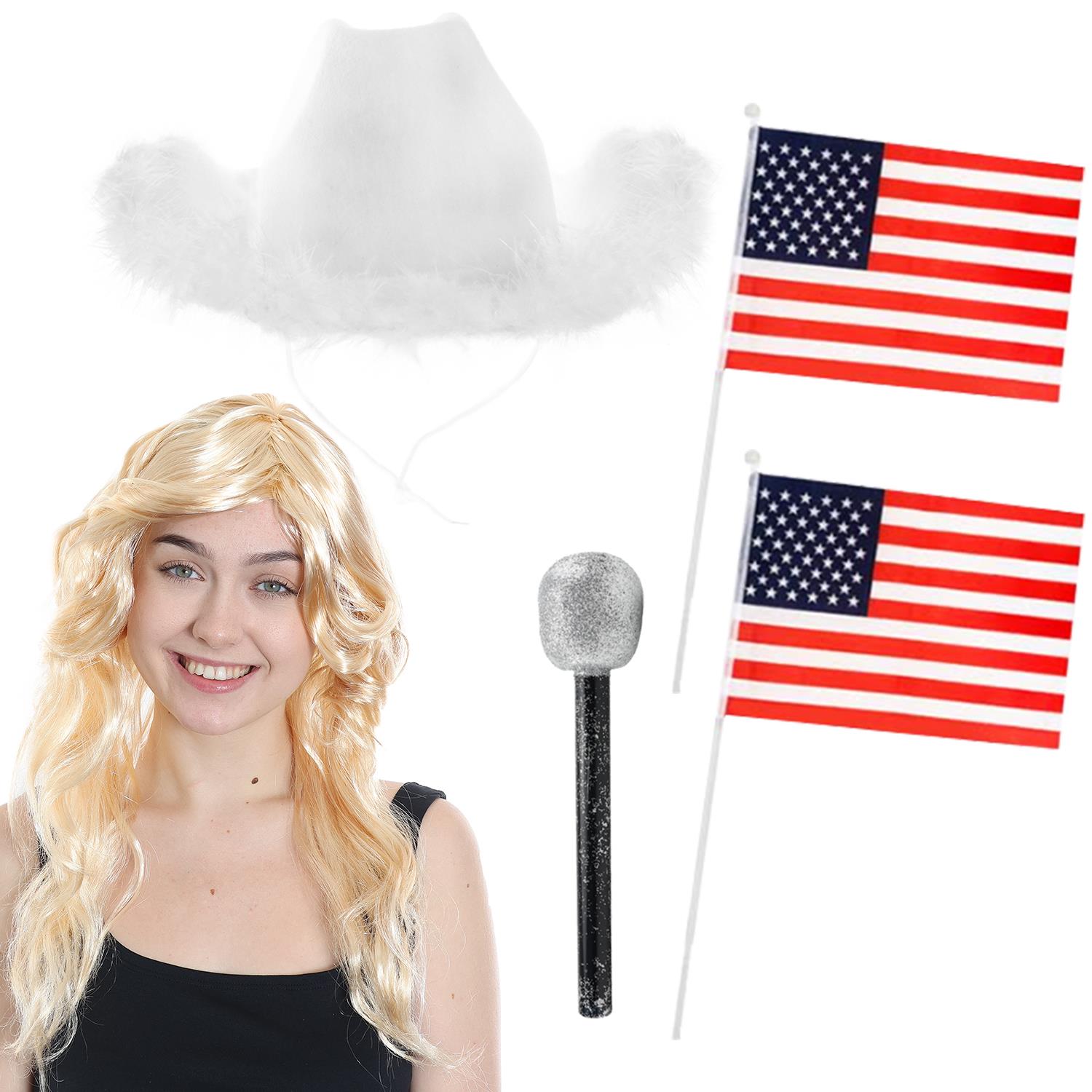 Western Cowboy Accessory Set - White Marabou Trim Hat, 2 American Hand Waving Flags, Blonde Wig & Mic