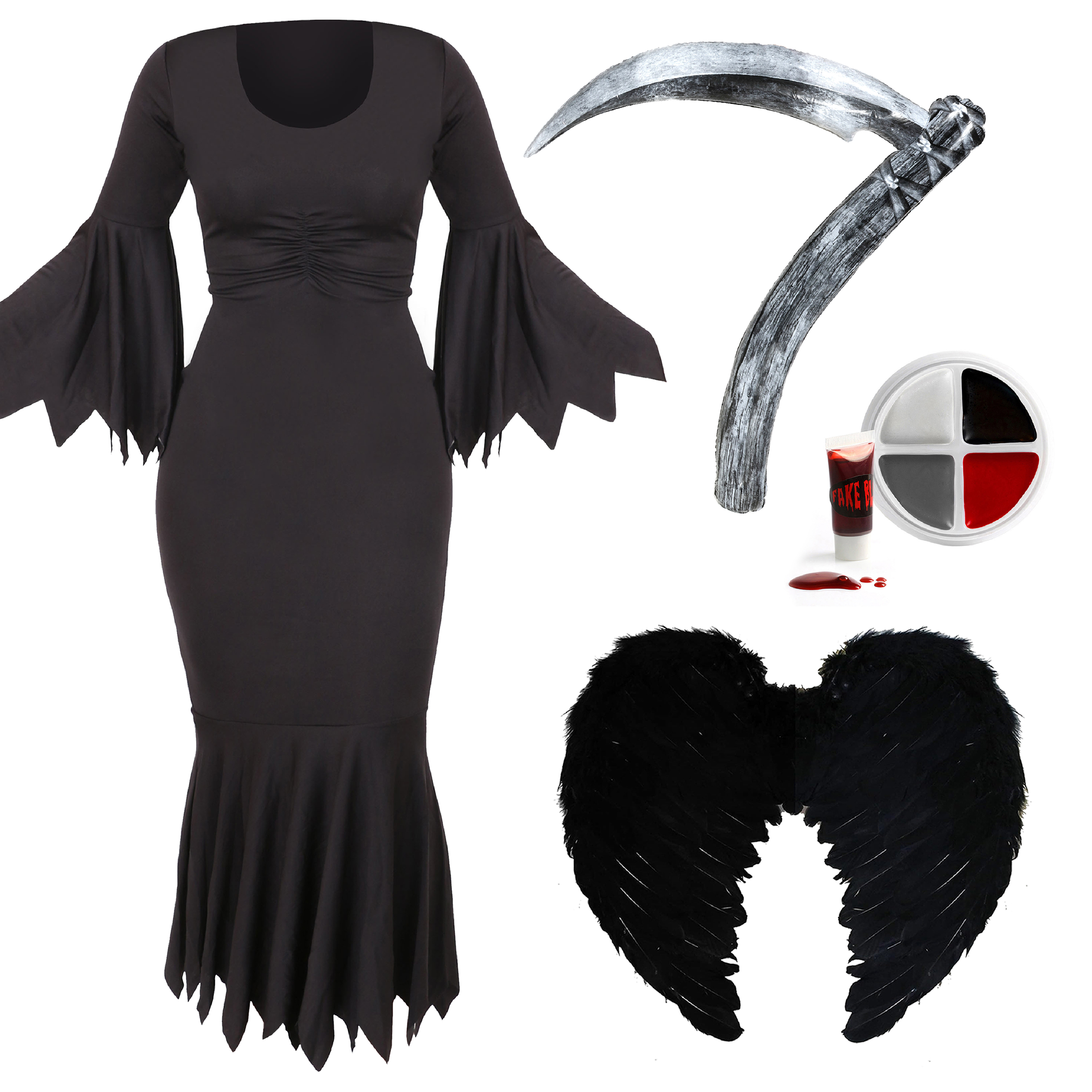Ladies Reaper Costume - Dress, Wings, Face Paint & Inflatable Scythe