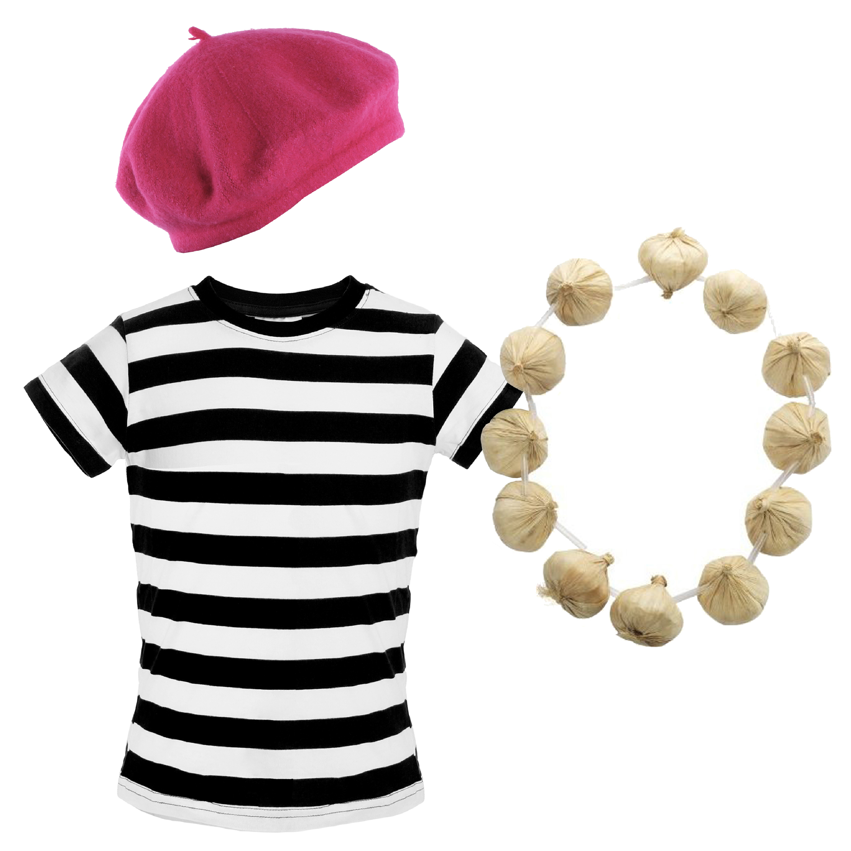 Childs French Costume Set - Striped Top, Pink Beret & Garlic Garland