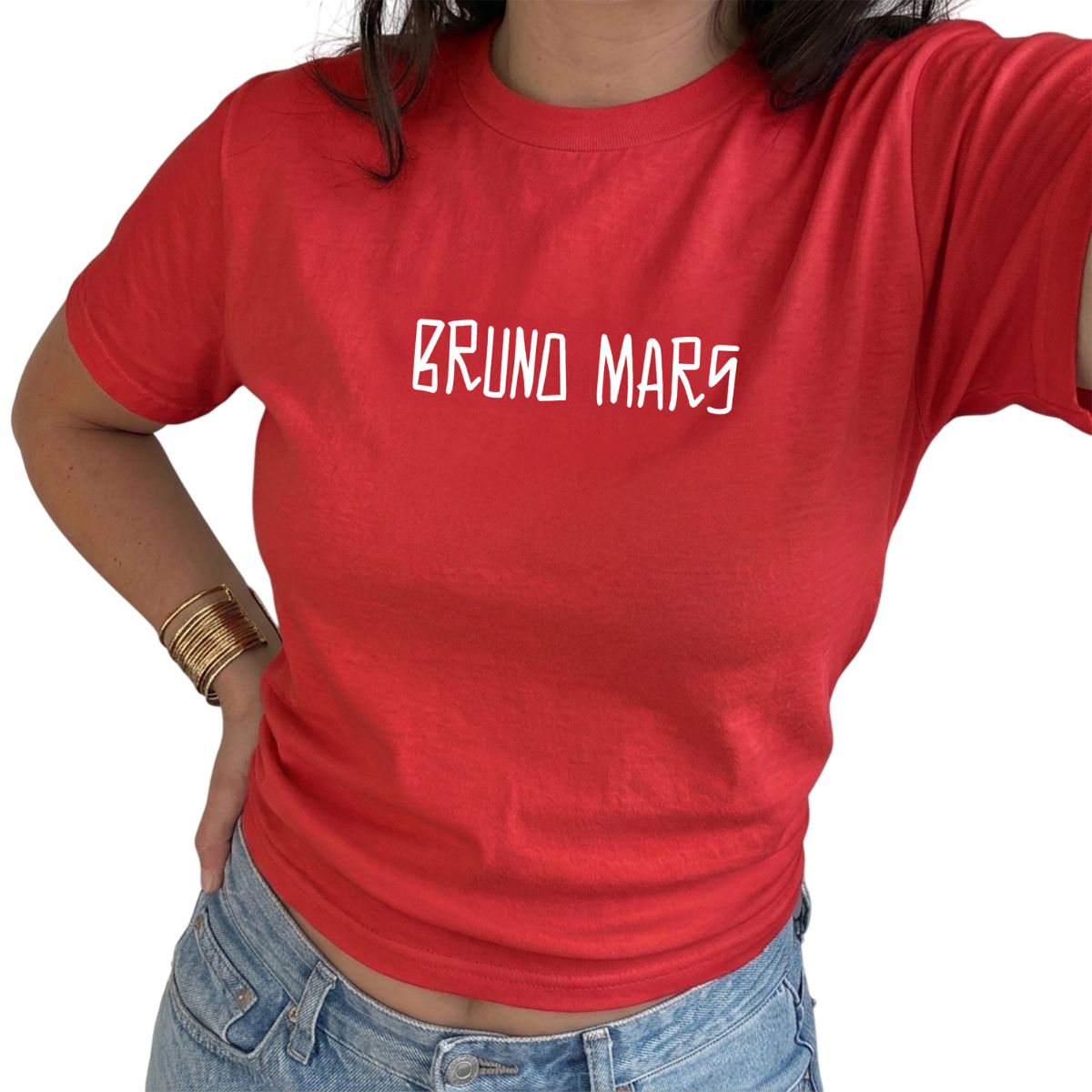 Ladies Pop-Inspired Concert T-Shirt | Red Baby Tee | "Bruno" Print