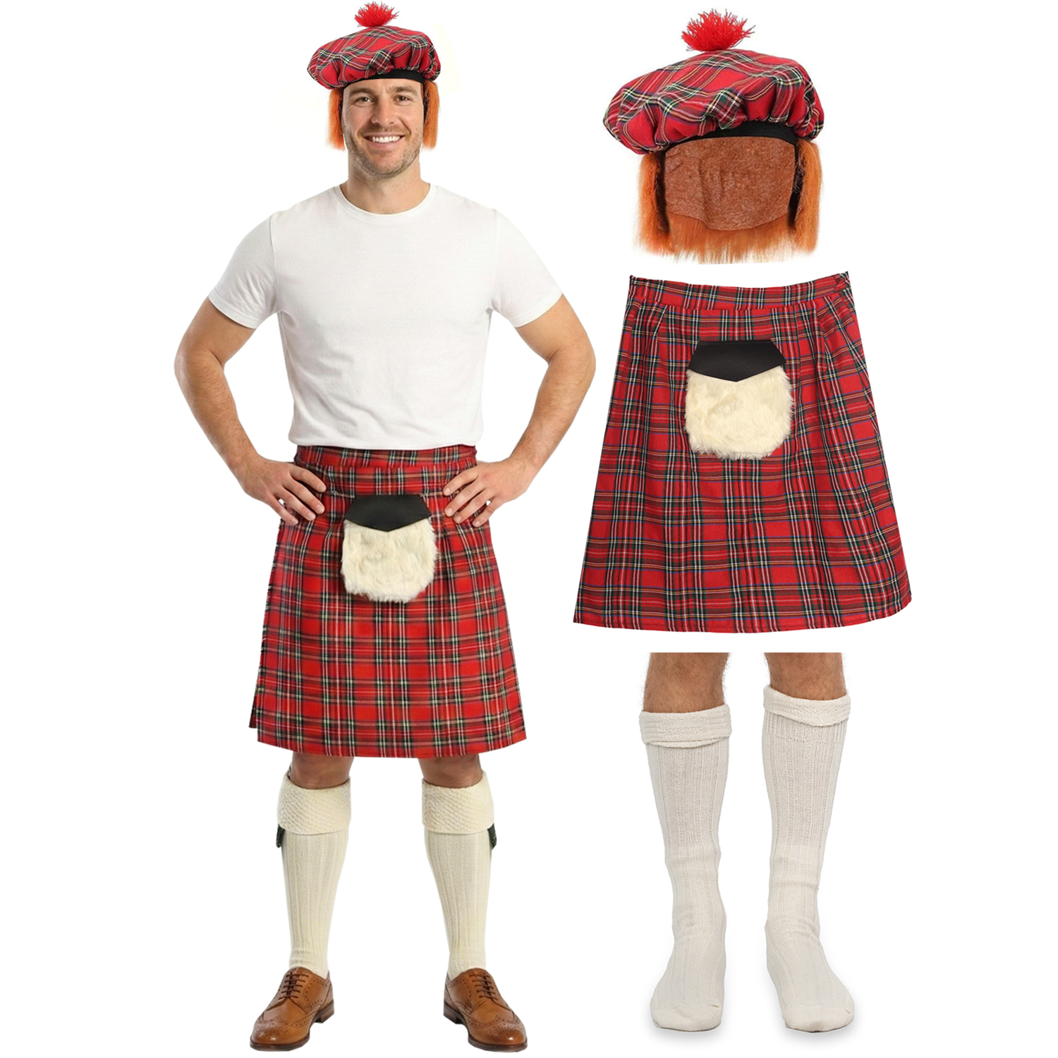 Adults Scots Man Costume | 3 Pcs | Tartan Kilt with Sporran Pocket, Tam O Shanter & Socks