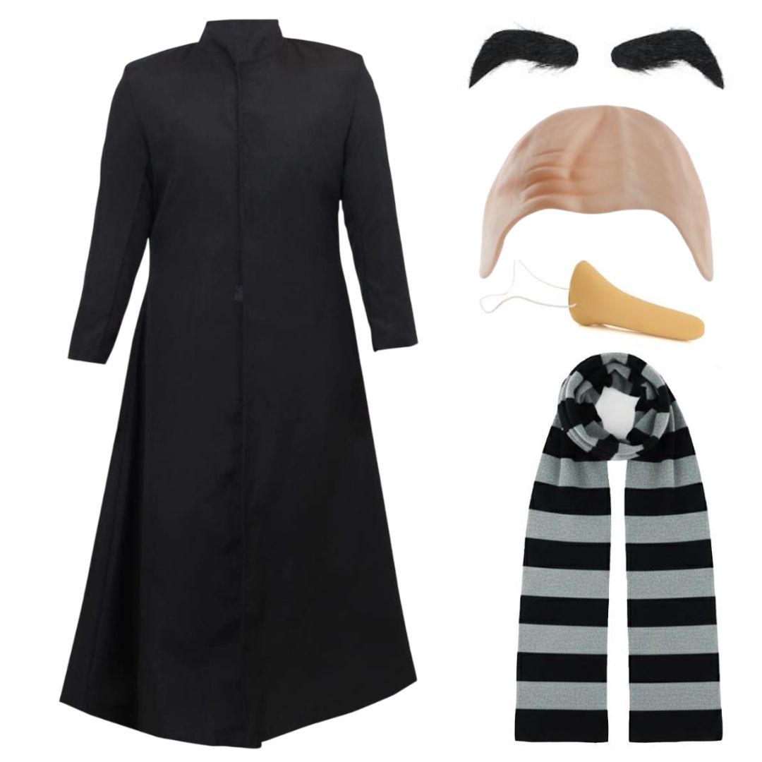 Adults Despicable Villain Costume | 5 Pcs | Jacket, Bald Cap, Eyebrows, Nose & Scarf