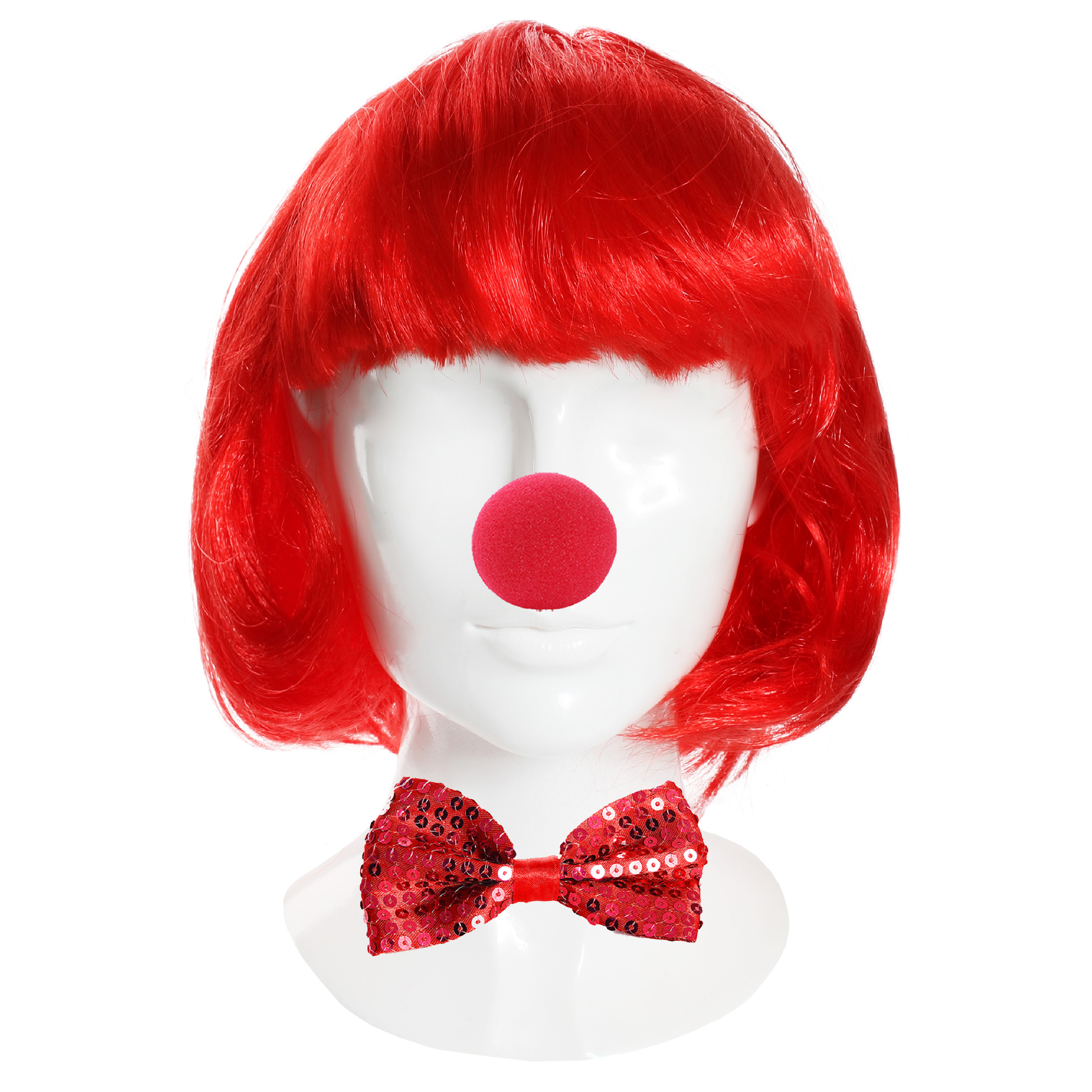 Red Nose, Bob Wig & Sequin Bow Tie