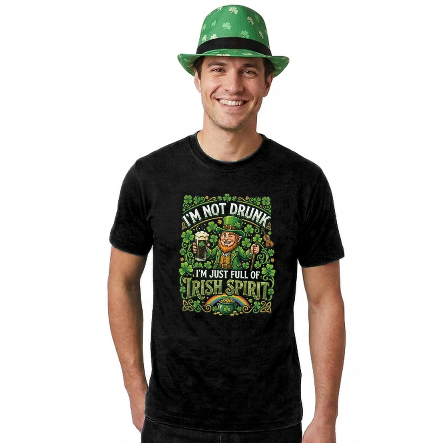 Adults Funny St Patricks Day Costume | Trilby Hat & T-Shirt “I'm not Drunk I'm Just Full of Irish Spirit" | Black Tee with Green Print