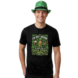 Adults Funny St Patricks Day Costume | Trilby Hat & T-Shirt “I'm not Drunk I'm Just Full of Irish Spirit" | Black Tee with Green Print