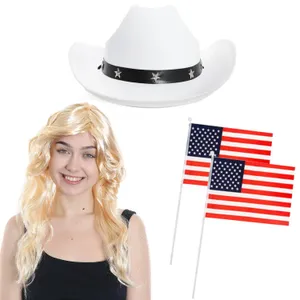 Western Cowboy Accessory Set - White Star Studded Hat, 2 American Hand Waving Flags & Blonde Wig