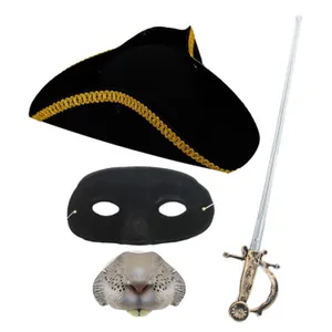 Adults Highway Rodent Accessory Set | 4 Pcs | Gold Trim Tricorn Hat, Mask, Nose & Sword