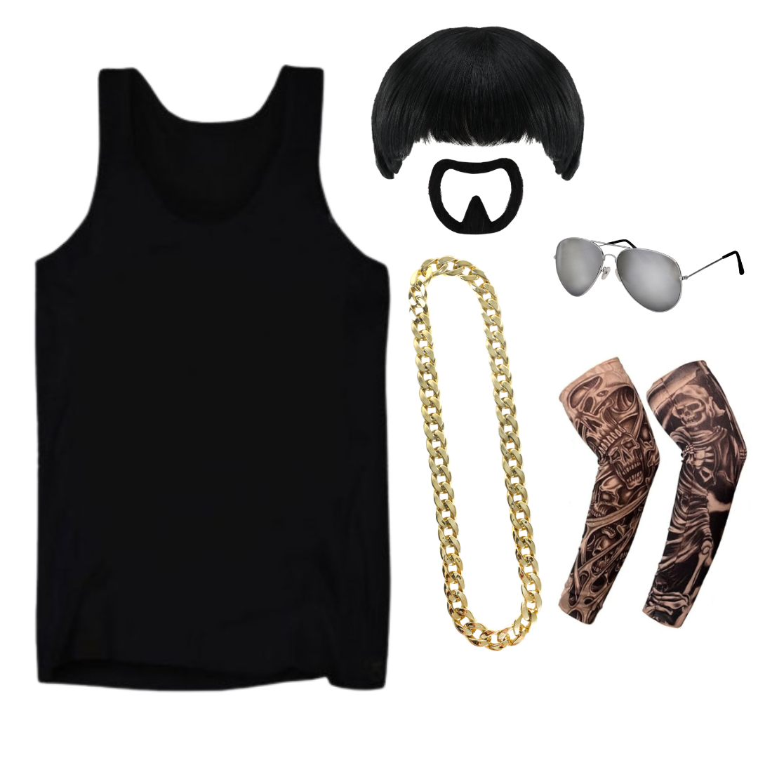 Ibiza Final Boss Costume Set | 6 Pcs | Vest, Wig, Chain, Aviator Sunglasses, Goatee & Tattoo Sleeves