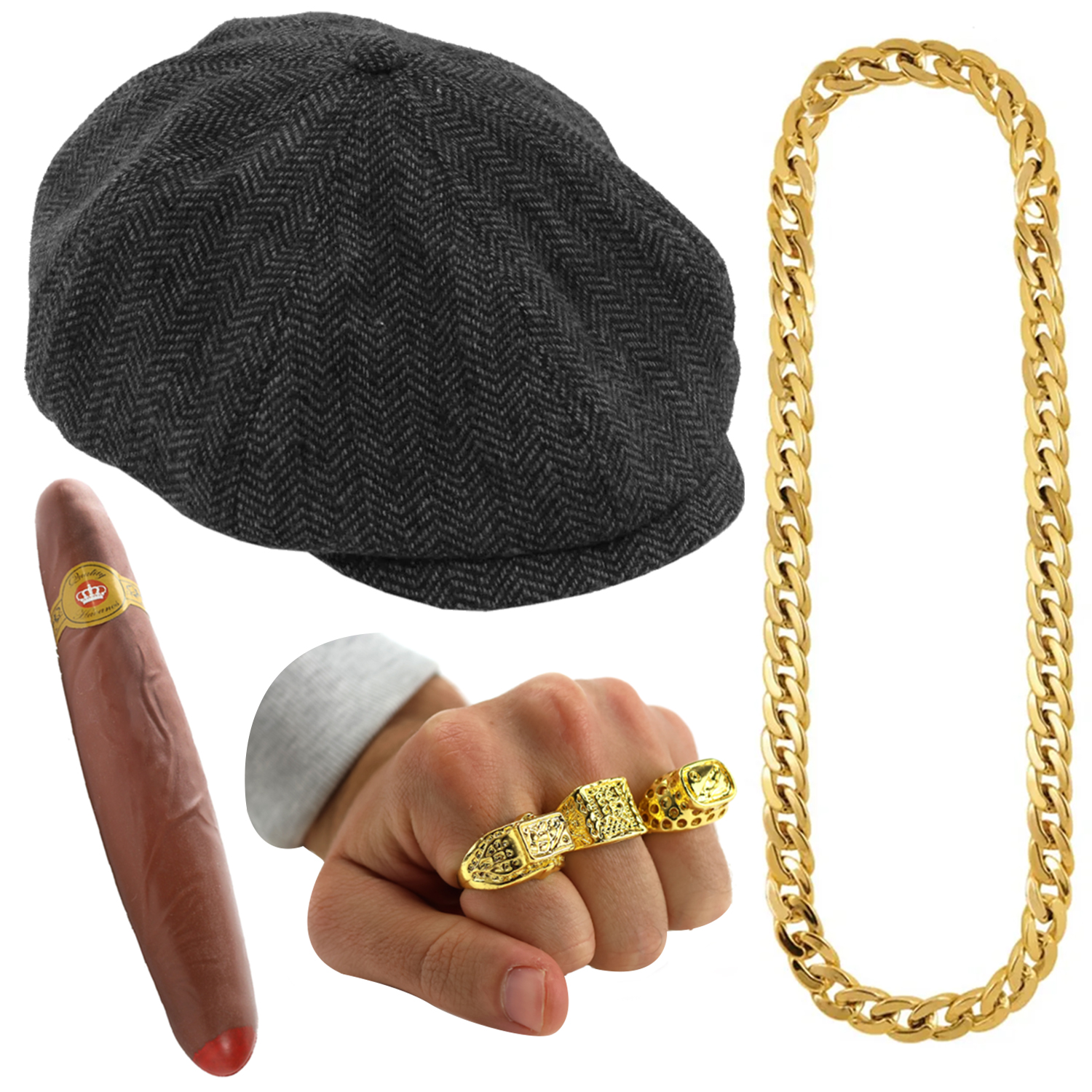 Del Boy Accessory Set | 4 Pcs | Hat, Chain, Cigar & Gold Rings