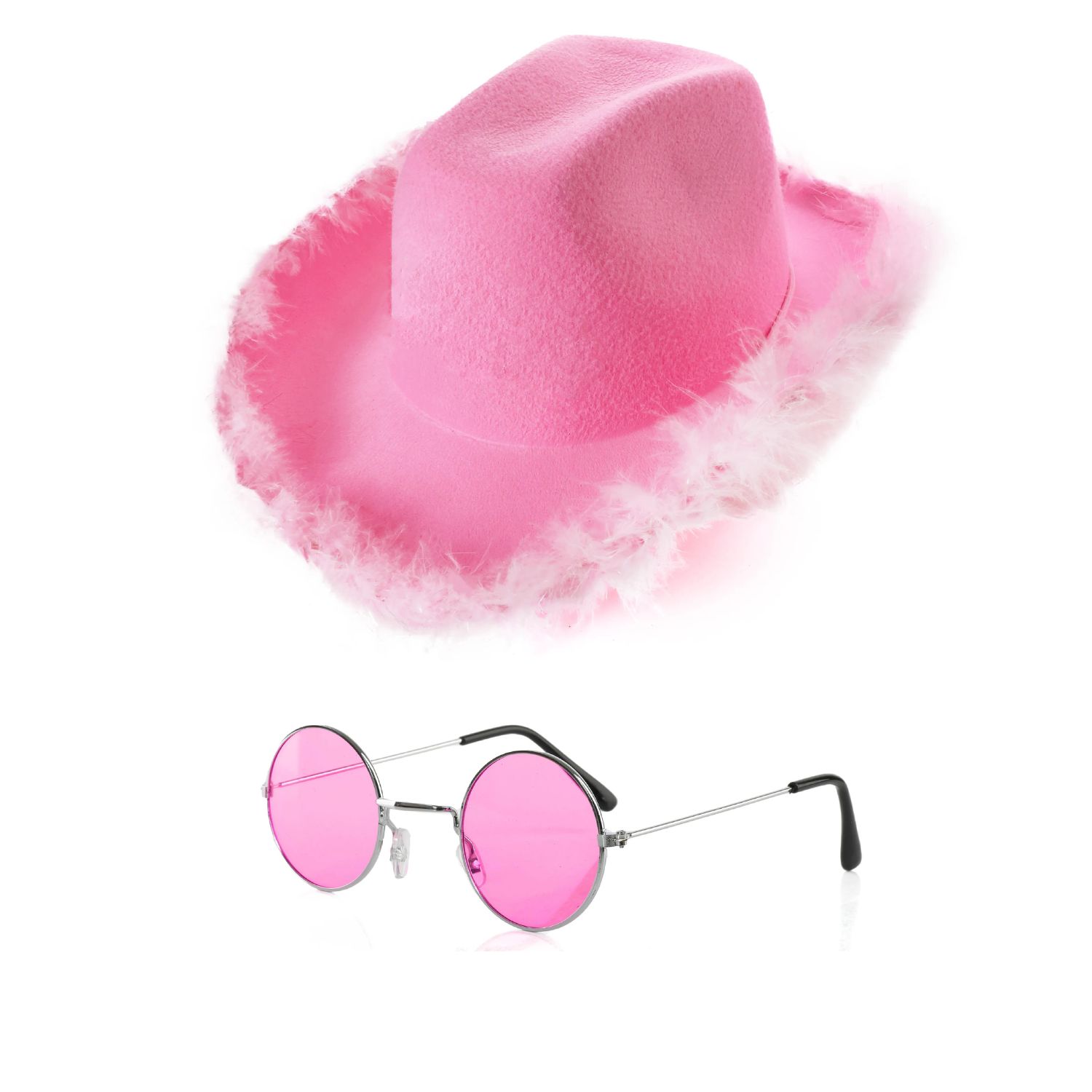 Pink Cowboy Hat with Marabou Trim & Pink Circular Glasses