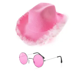 Pink Cowboy Hat with Marabou Trim & Pink Circular Glasses