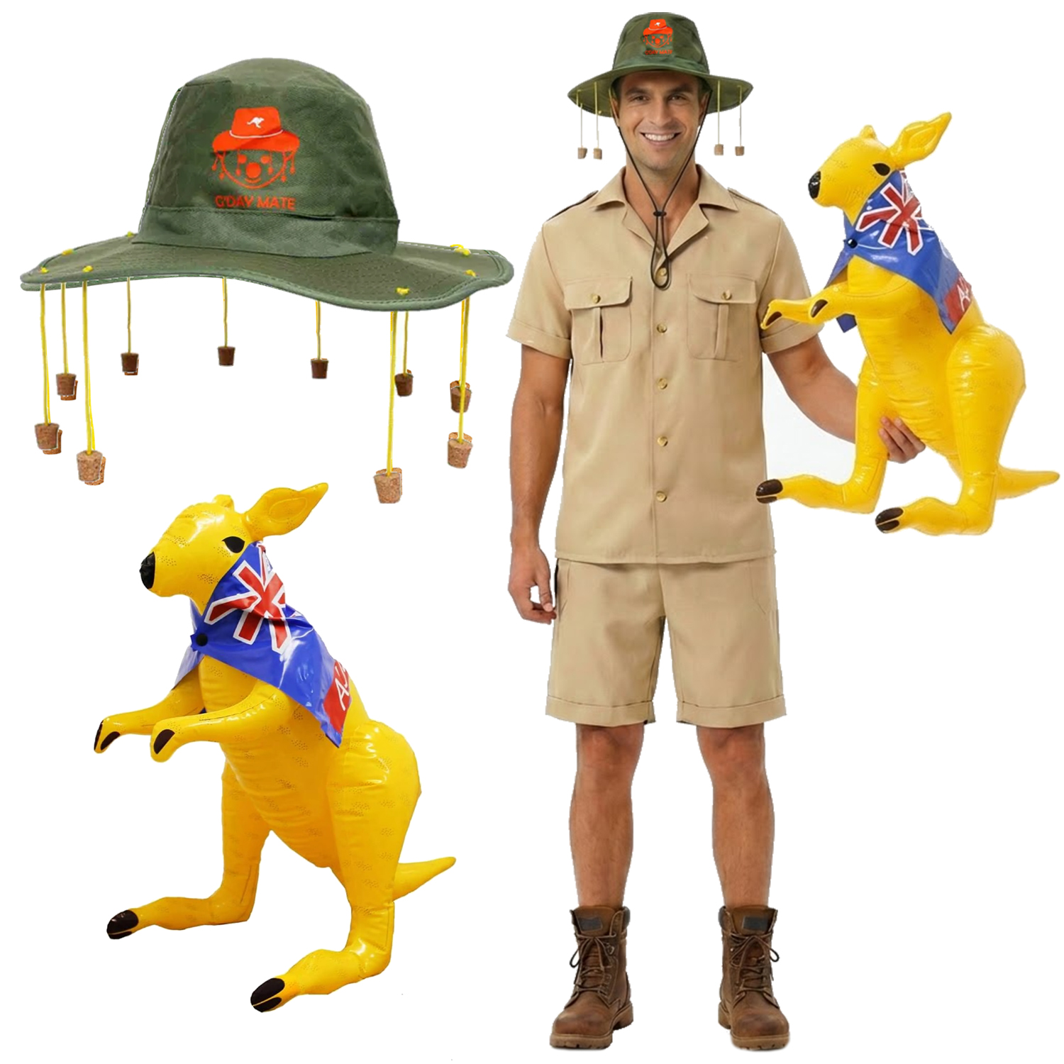 Adults Australian Explorer Costume | 4 Pcs | Shirt, Shorts, Koala Cork Hat & Inflatable Kangaroo
