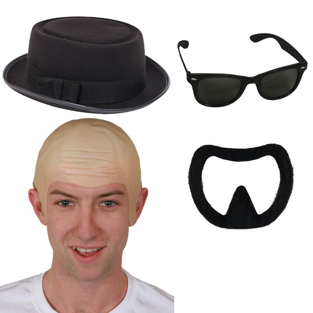 Adults Heisenberg Accessory Set | 4 Pcs | Bald Cap, Hat, Glasses & Facial Hair
