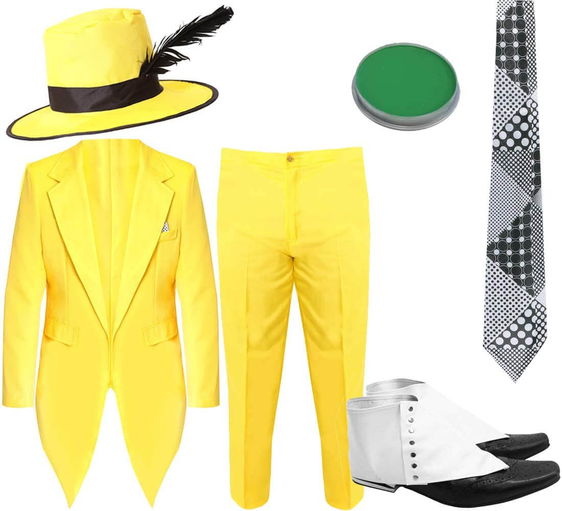 Adults Mask Man Costume | 6 Pcs | Jacket, Trousers, Hat, Tie, Spats & Face Paint