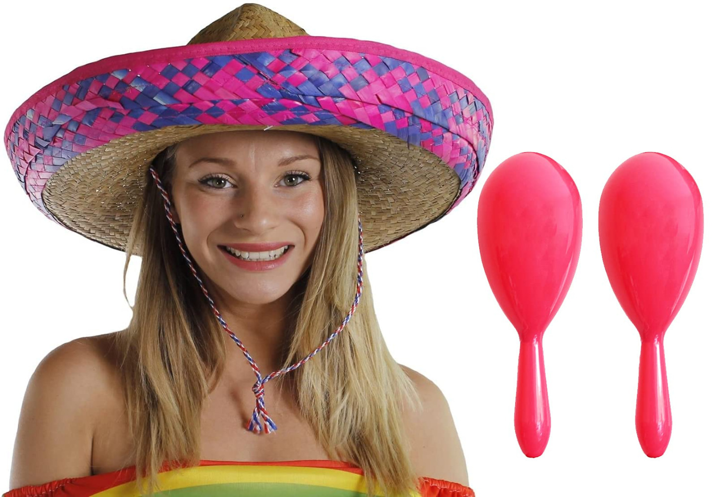 Pink Mexican Sombrero Straw Hat with Pink Maracas
