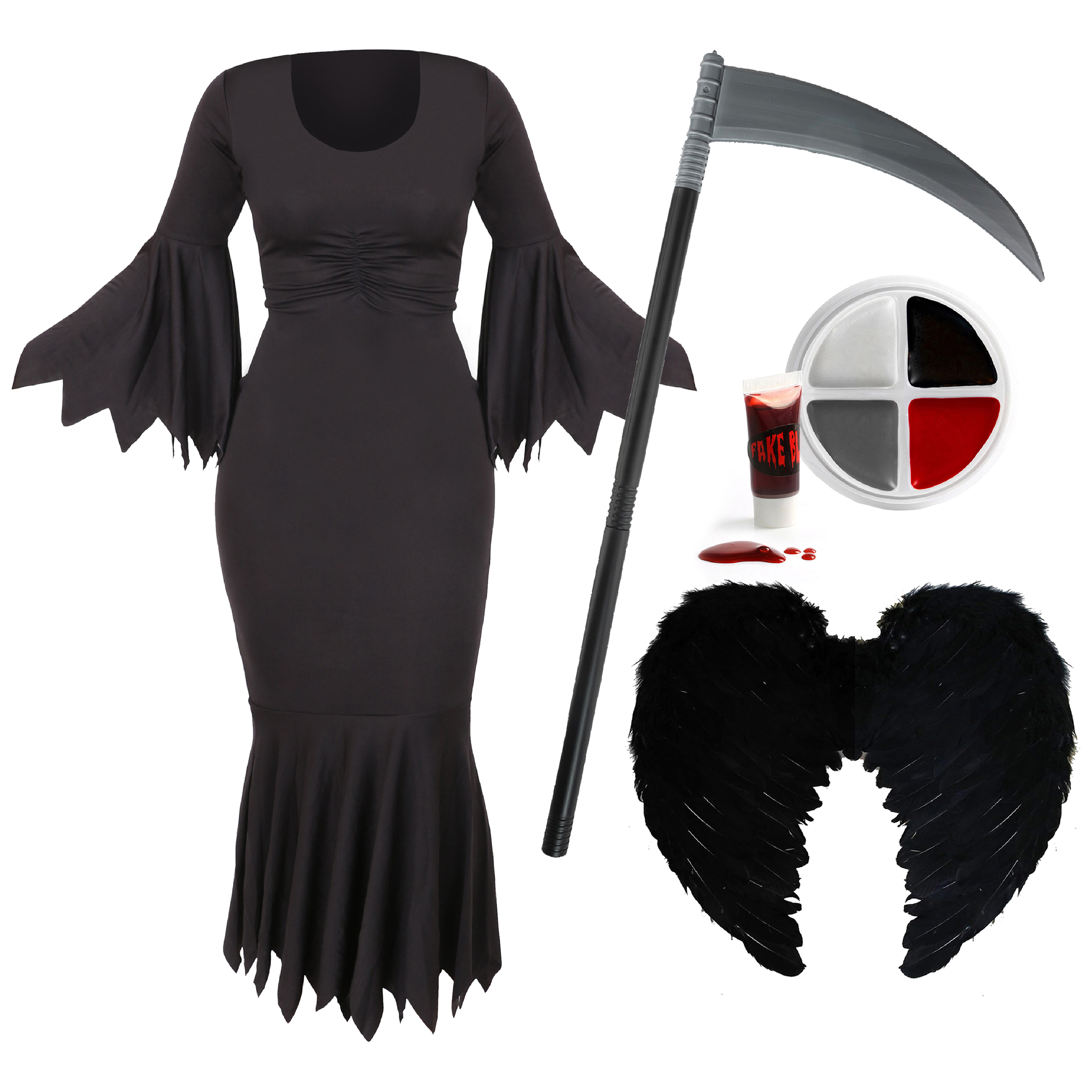 Ladies Reaper Costume - Dress, Wings, Face Paint & Scythe