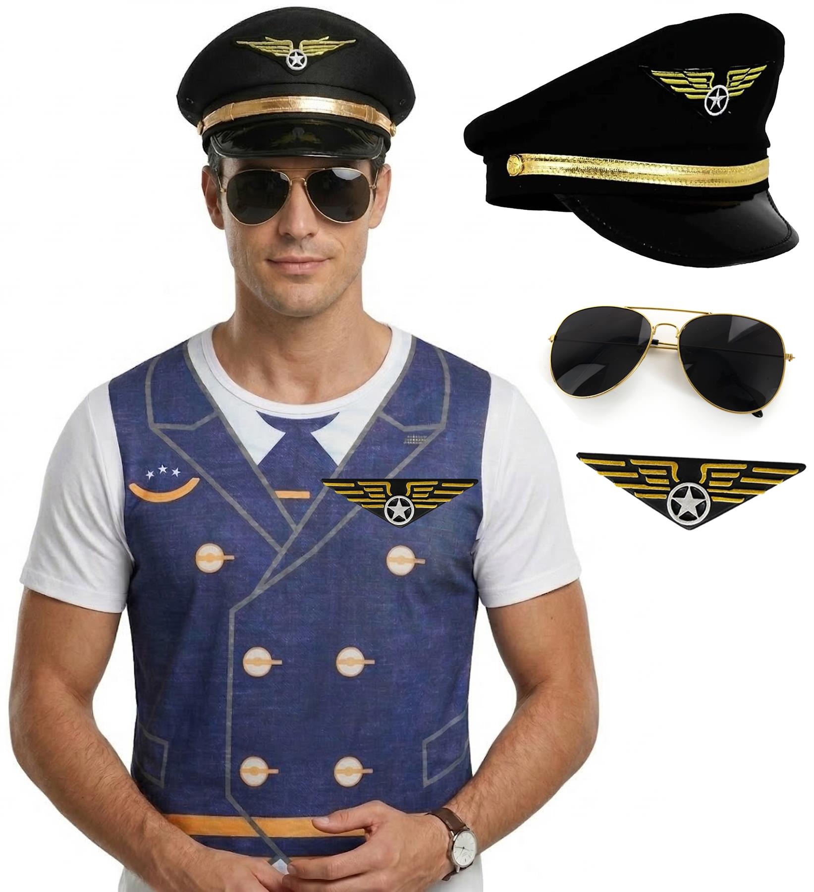 Adults Pilot Costume | 4 Pcs | T-Shirt, Hat, Glasses & Badge