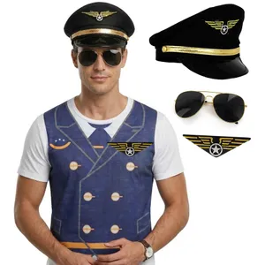 Adults Pilot Costume | 4 Pcs | T-Shirt, Hat, Glasses & Badge