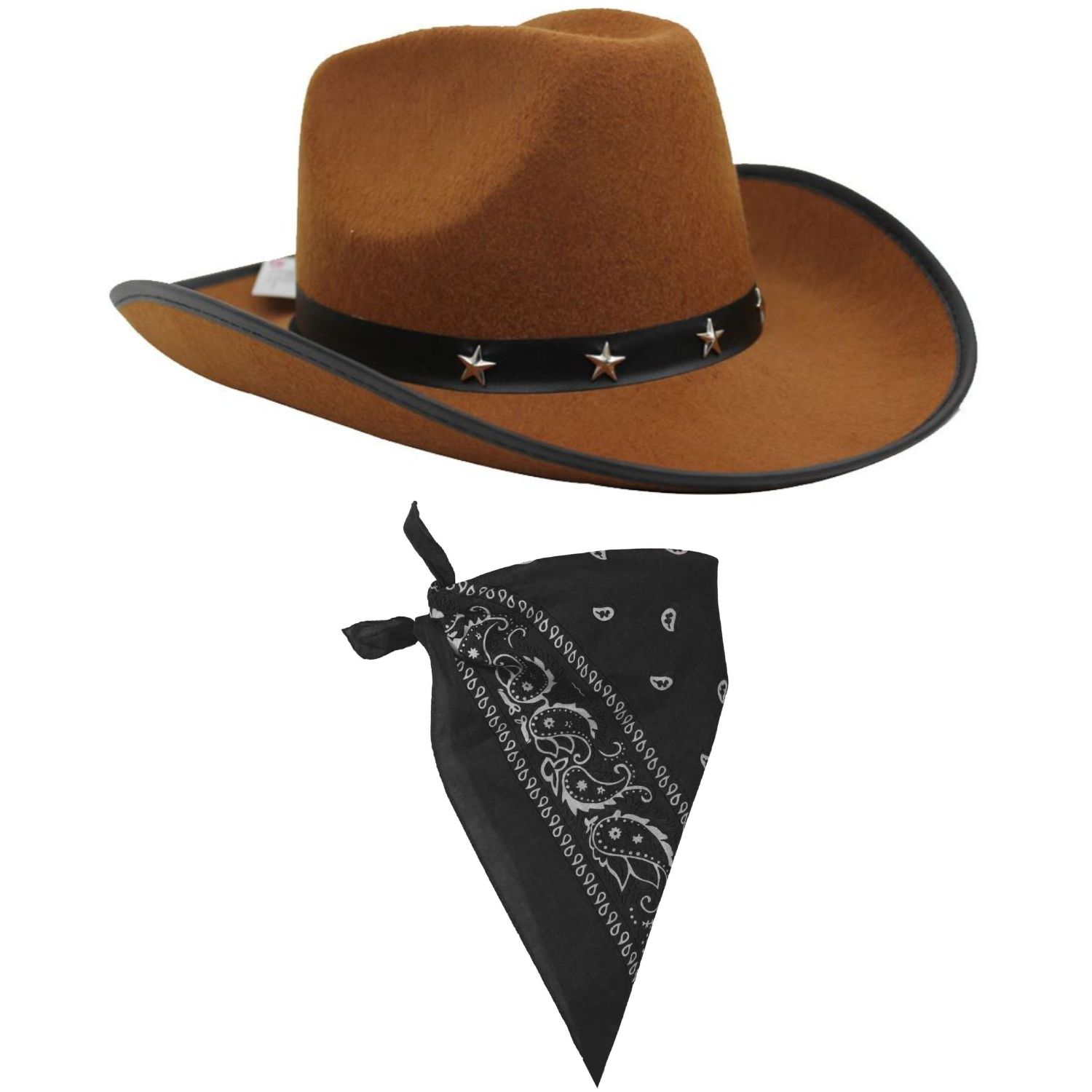 Brown Star Studded Cowboy Hat & Paisley Black Bandana