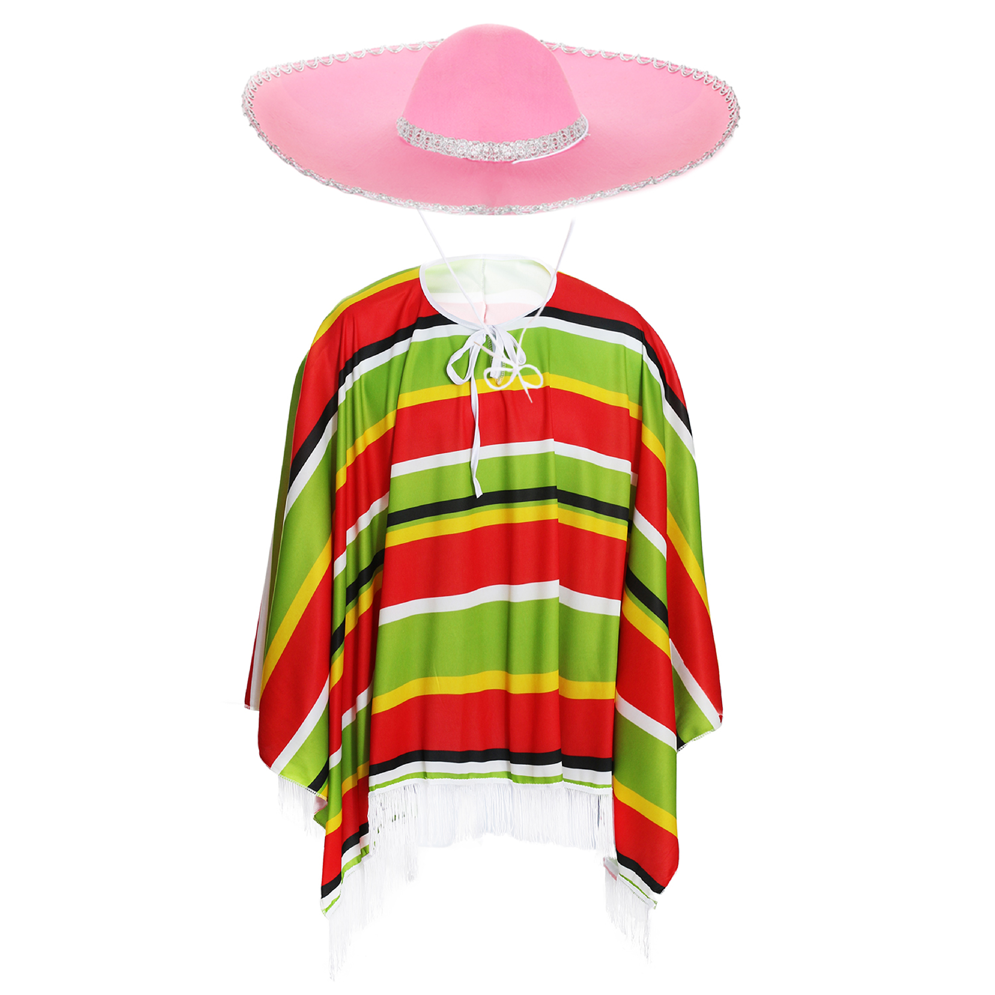 Red/Green Striped Poncho & Pink Felt Sombrero