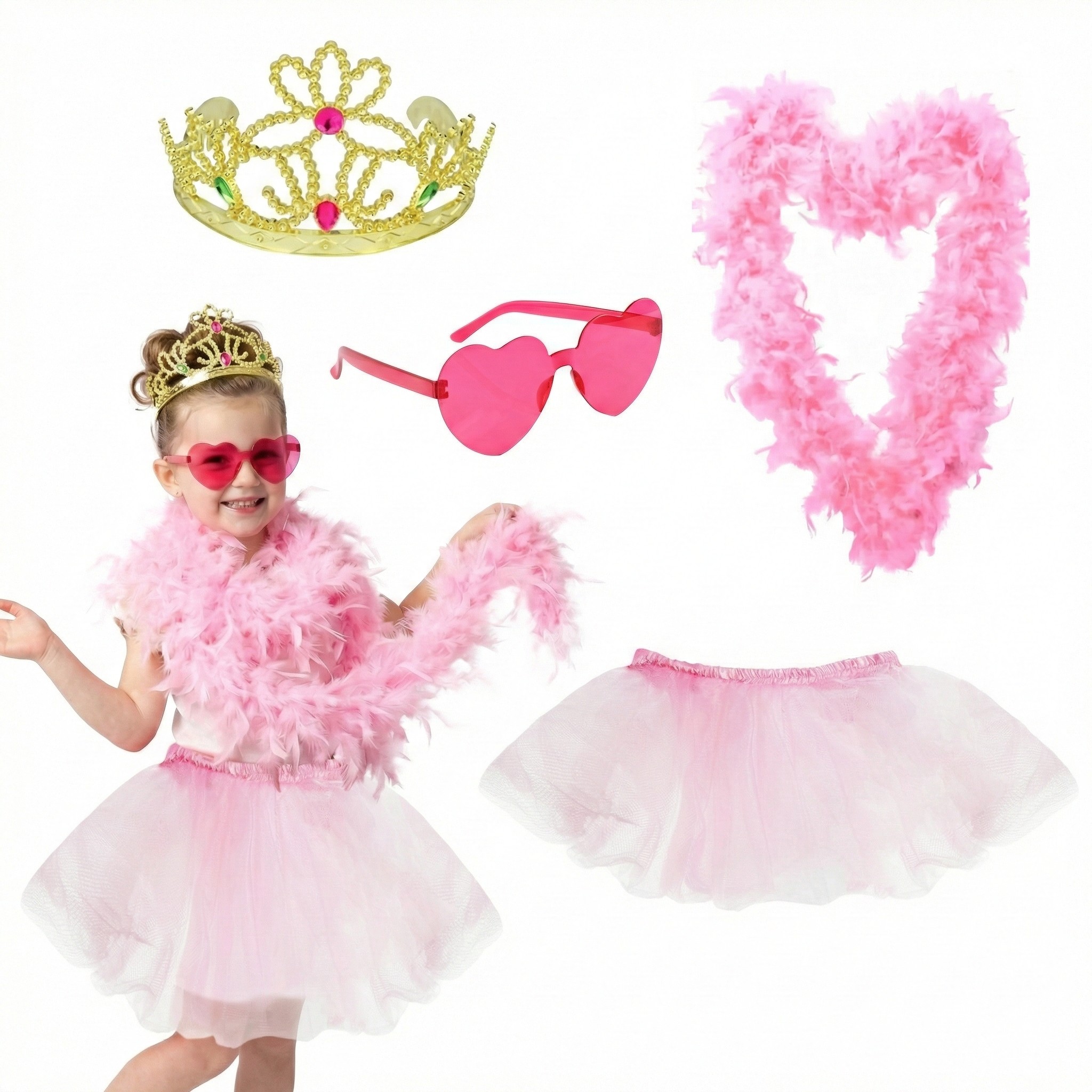 Kids Fancy Girl Costume | 4 Pcs | Tutu, Tiara, Feather Boa & Heart Glasses