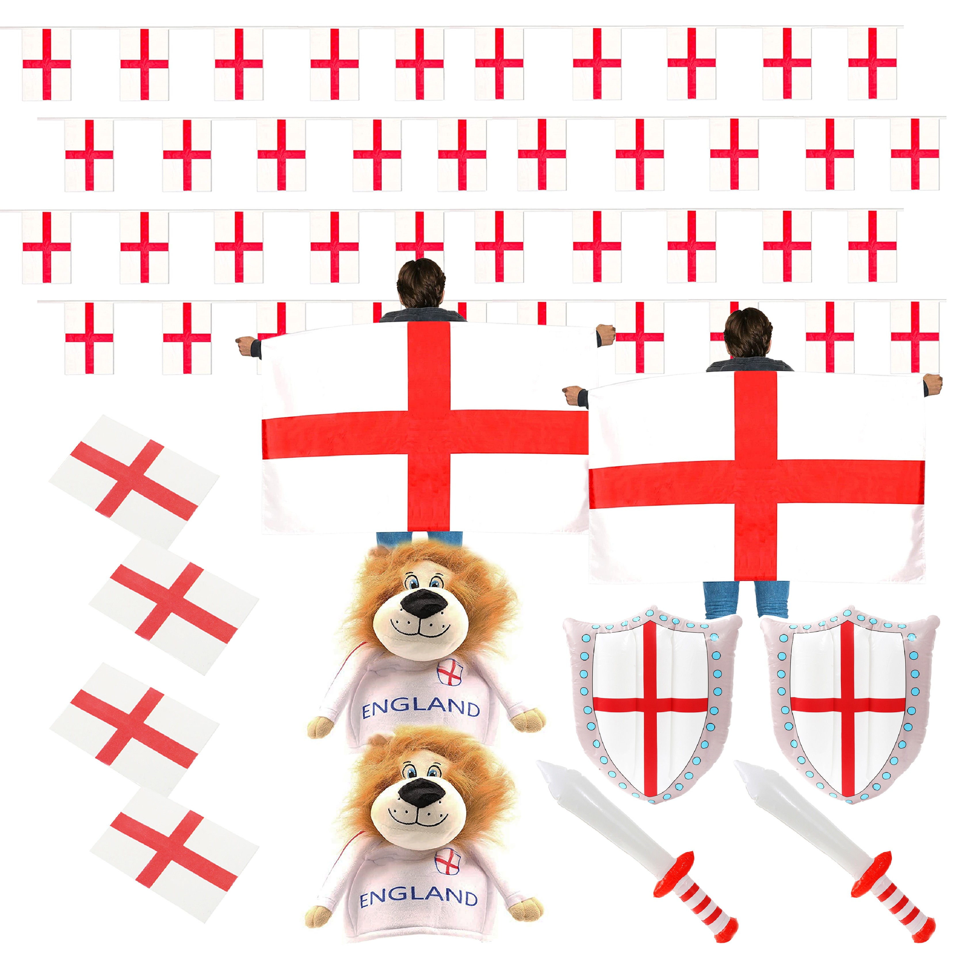 12 Piece England Supporters Set - Bunting, Flag Capes, Tattoos, Lion Hats & Inflatables