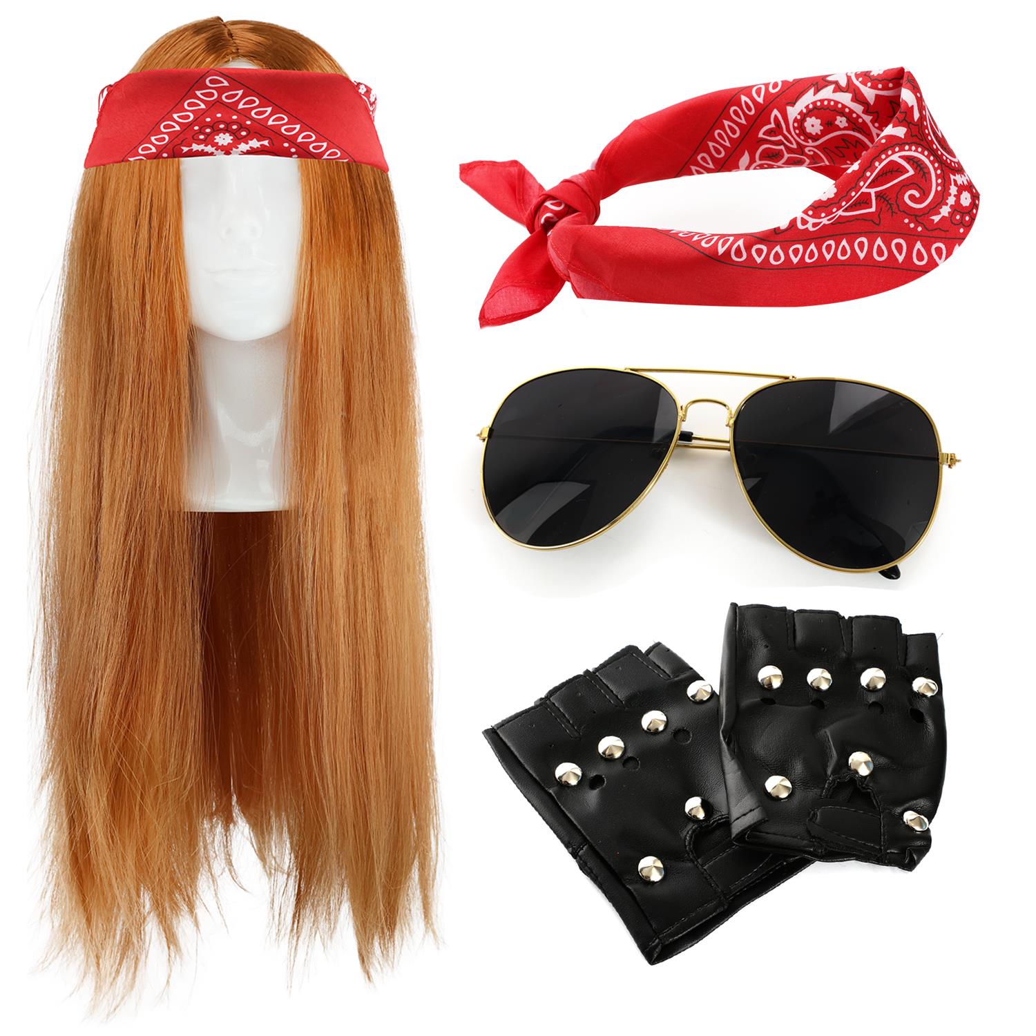 Axl Rose Inspired Accessory Set | 4 Pcs | Ginger Wig, Red Paisley Bandana, Gloves & Glasses