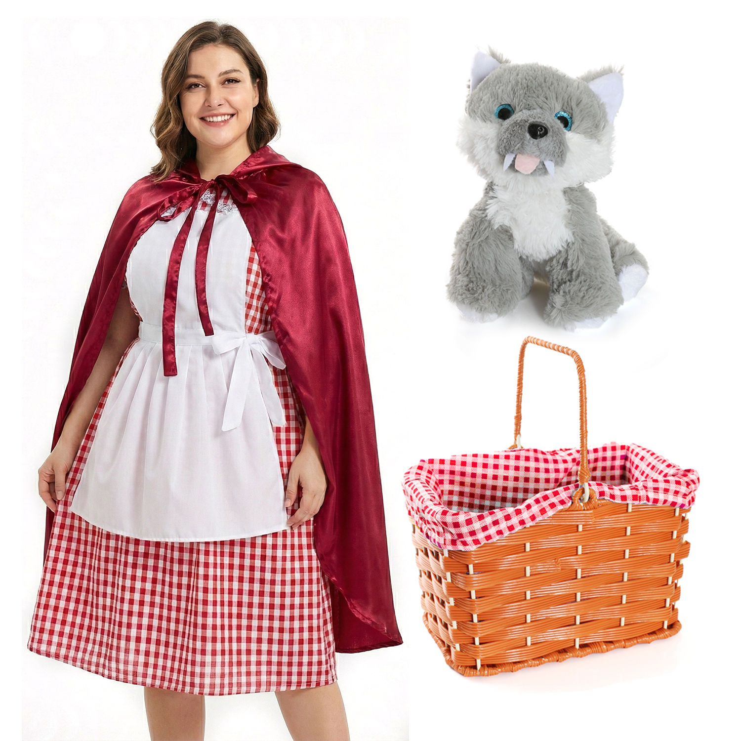 Ladies Little Red Riding Hood Costume | 5 Pcs | Dress, Apron, Cape, Basket & Wolf