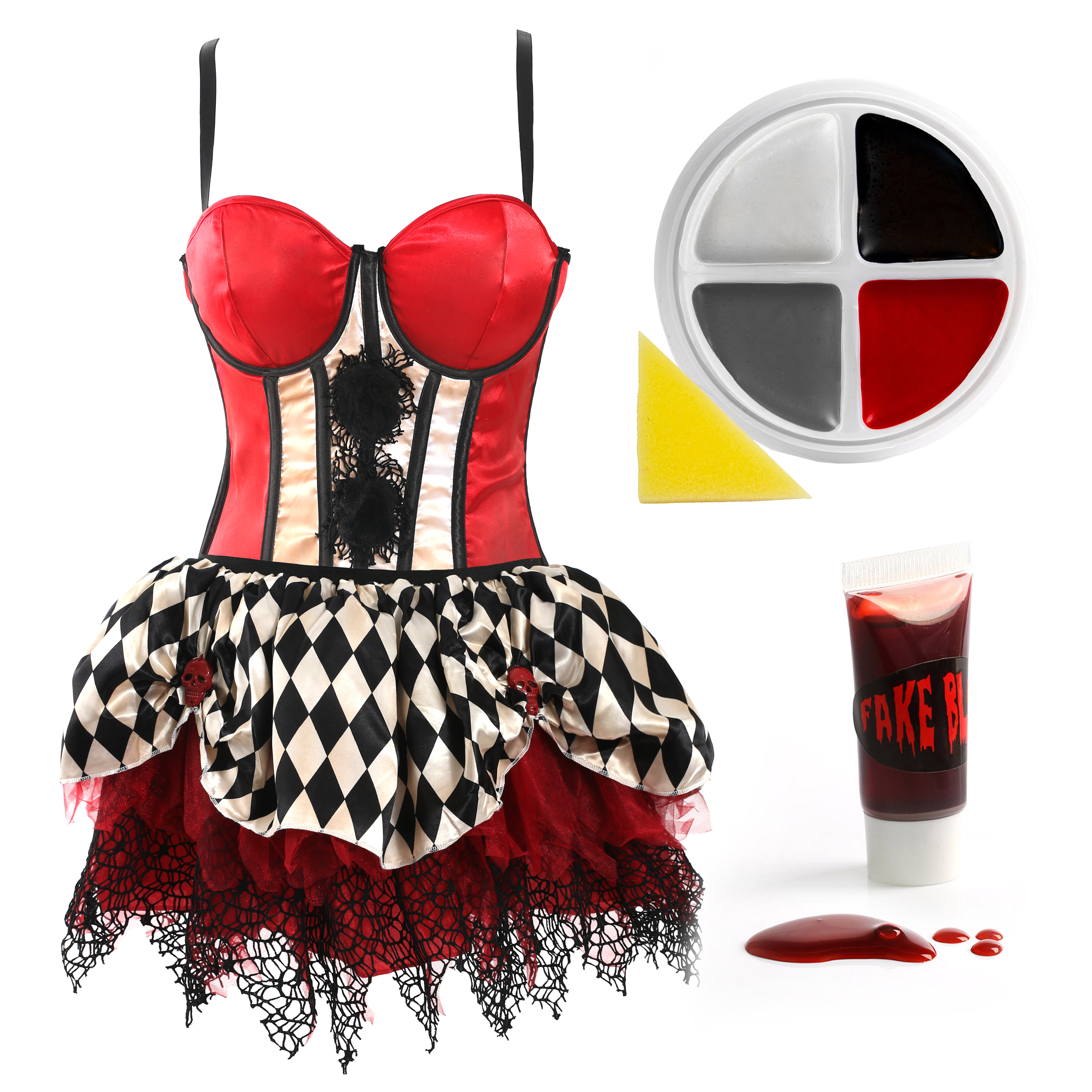 Ladies Harlequin Clown Corset and Tutu Costume with Facepaint and Fake Blood