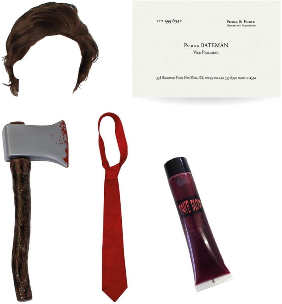 Patrick Bateman Accessory Set | 5 Pcs | Wig, Axe, Red Tie, Blood & Business Card