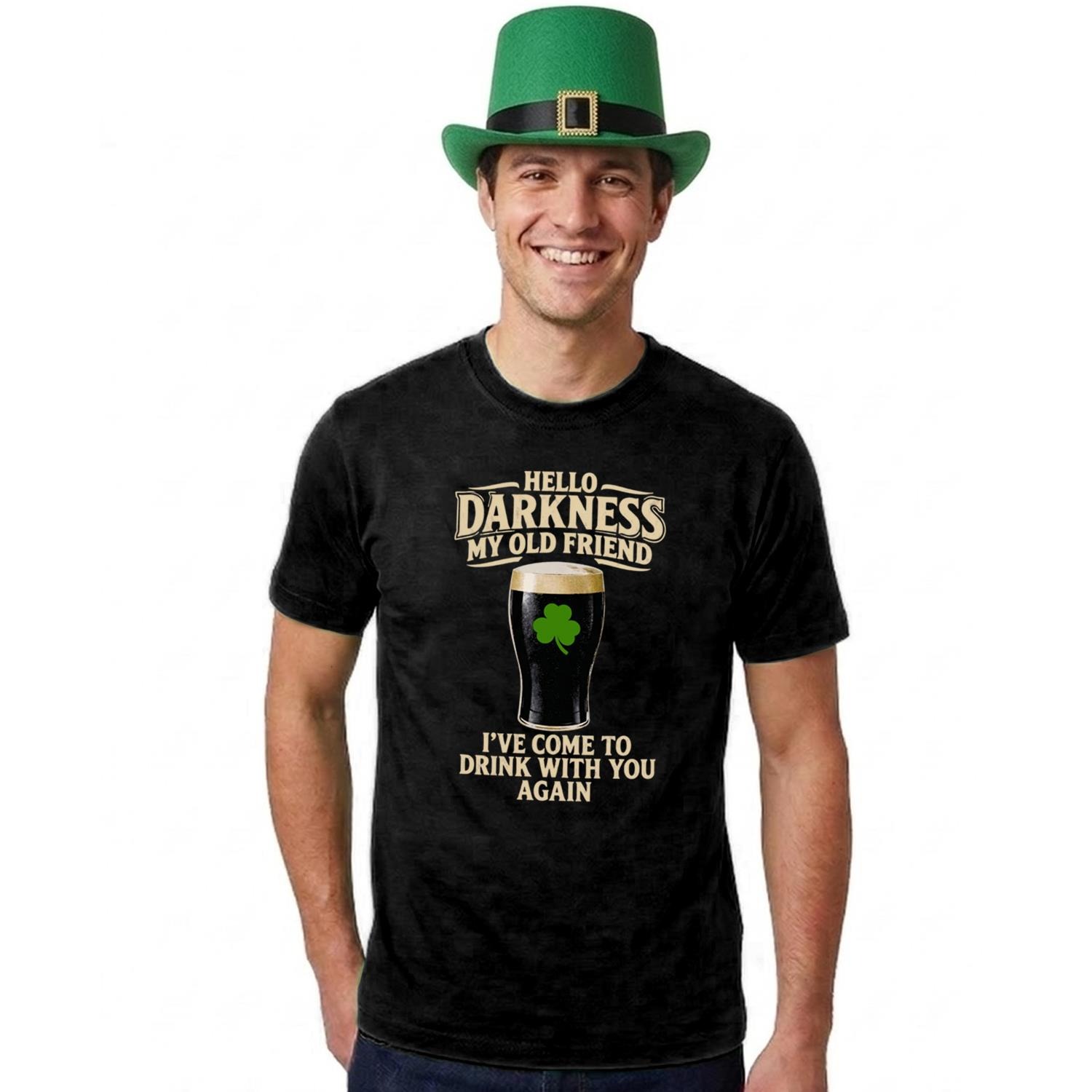 Adults Funny St Patricks Day Costume | Top Hat & T-Shirt “Hello Darkness My Old Friend I've Come to Drink with You Again” | Black Tee with Beige Print