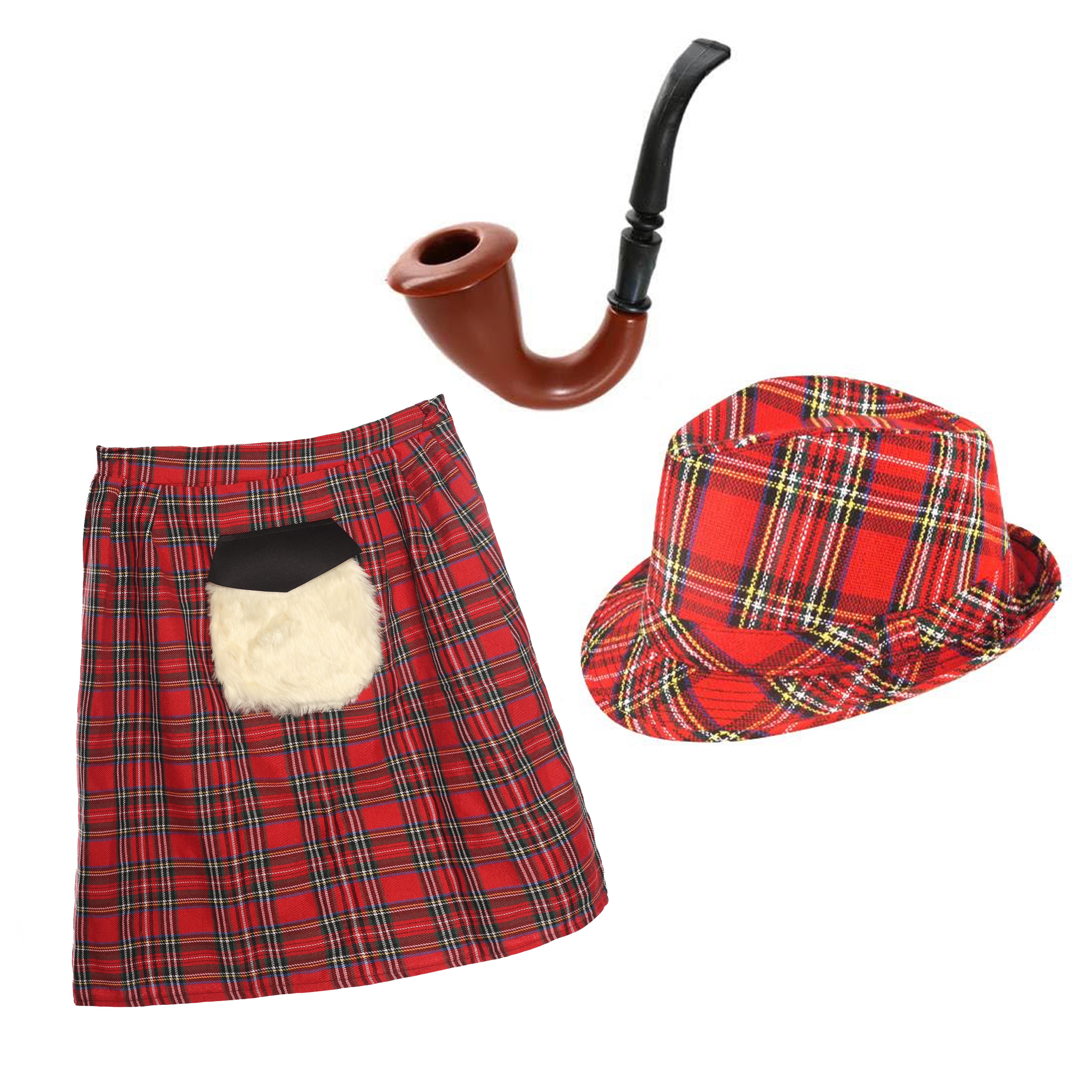 Adults Scottish Costume Set | 3 Pcs | Kilt, Hat & Pipe