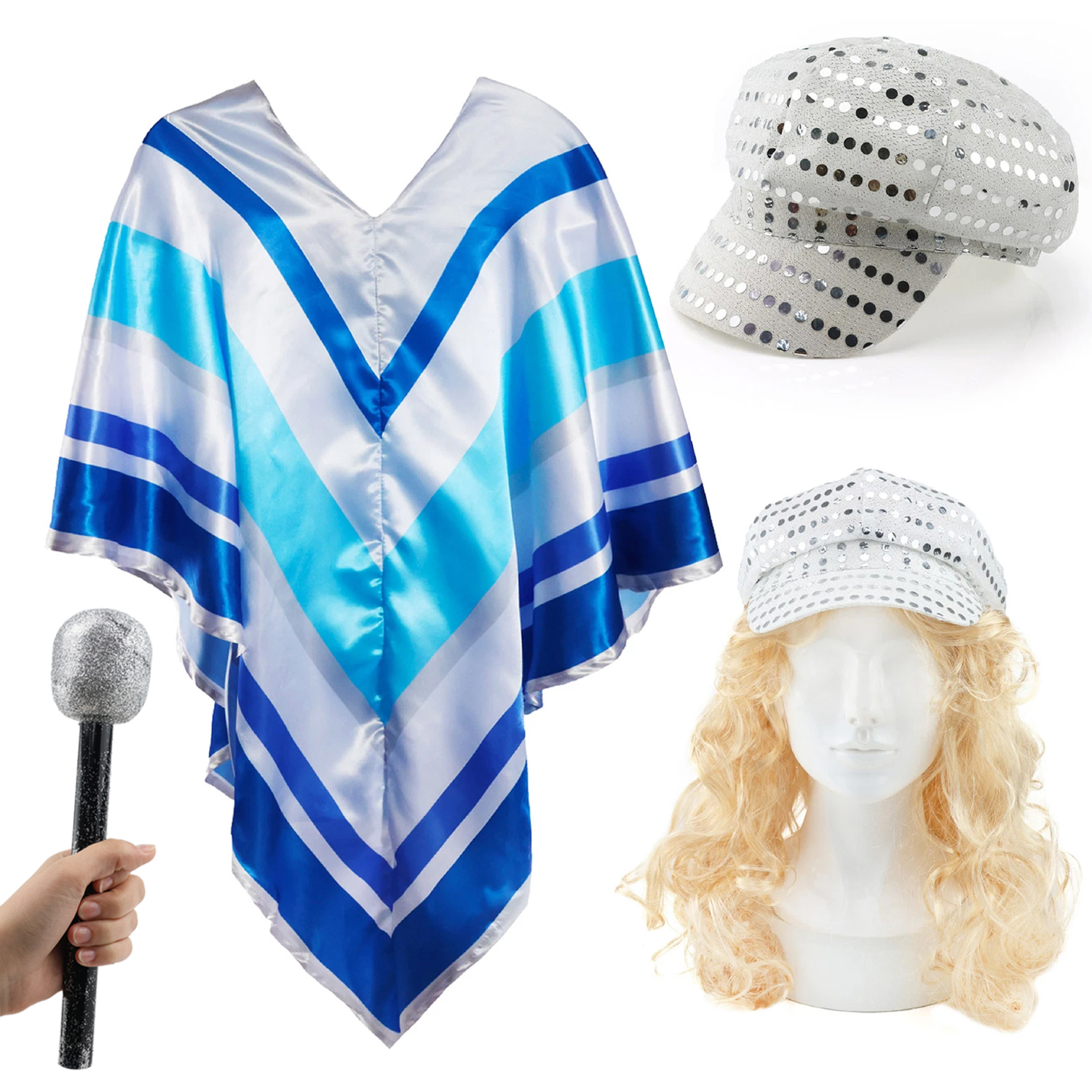 Adults 70's Poncho Costume | 4 Pcs | Poncho, Silver Sequin Hat, Blonde Flick Wig & Microphone