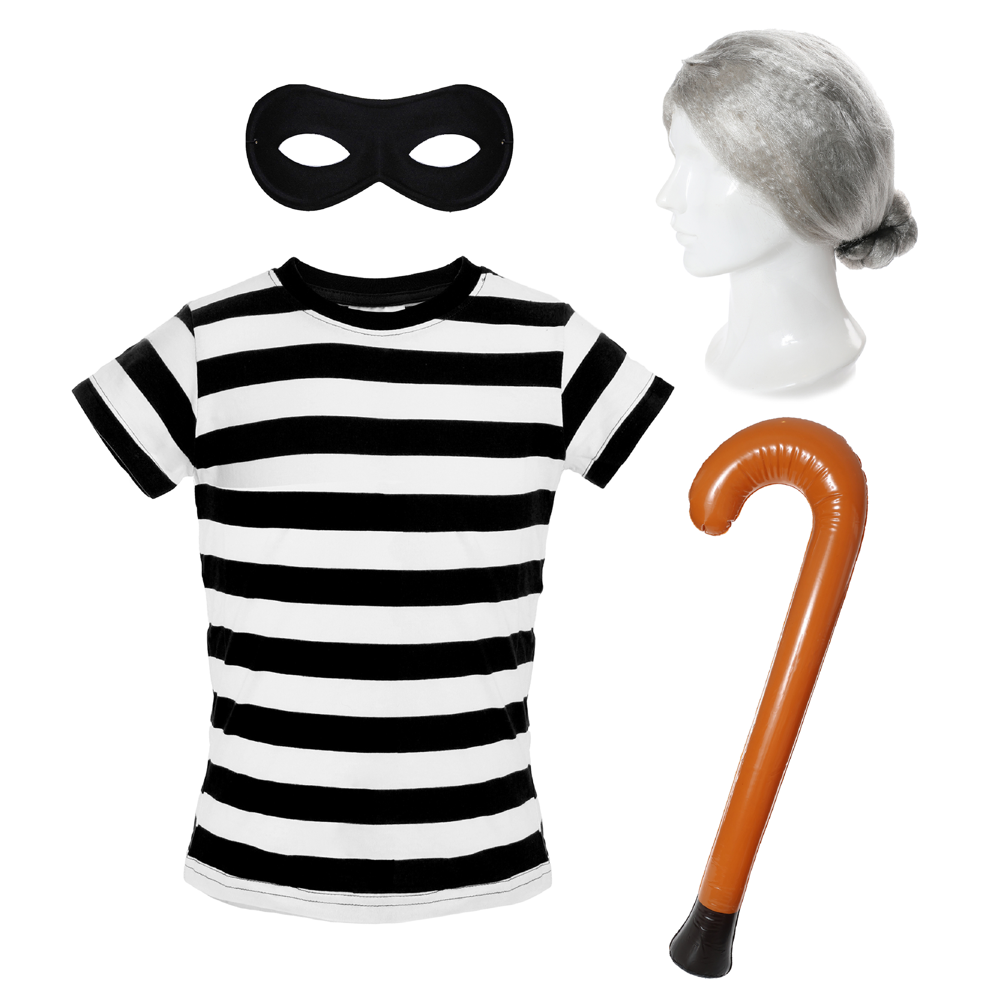 Adults Grandma Burglar Costume - Short Sleeve Top, Grey Afro Wig, Mask, Inflatable Walking Stick, Necklace & Swag Bag