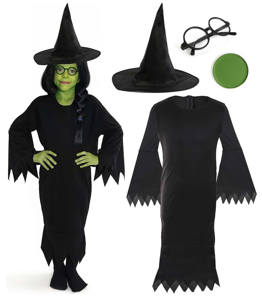 Girls Wicked Witch Costume - Dress, Witch Hat, Glasses & Green Face Paint