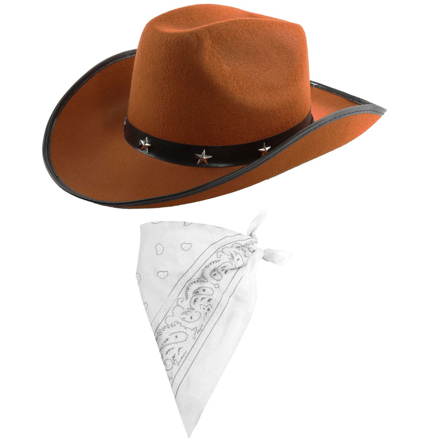Brown Star Studded Cowboy Hat & White Paisley Bandana