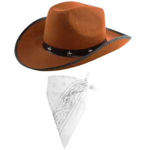 Brown Star Studded Cowboy Hat & White Paisley Bandana