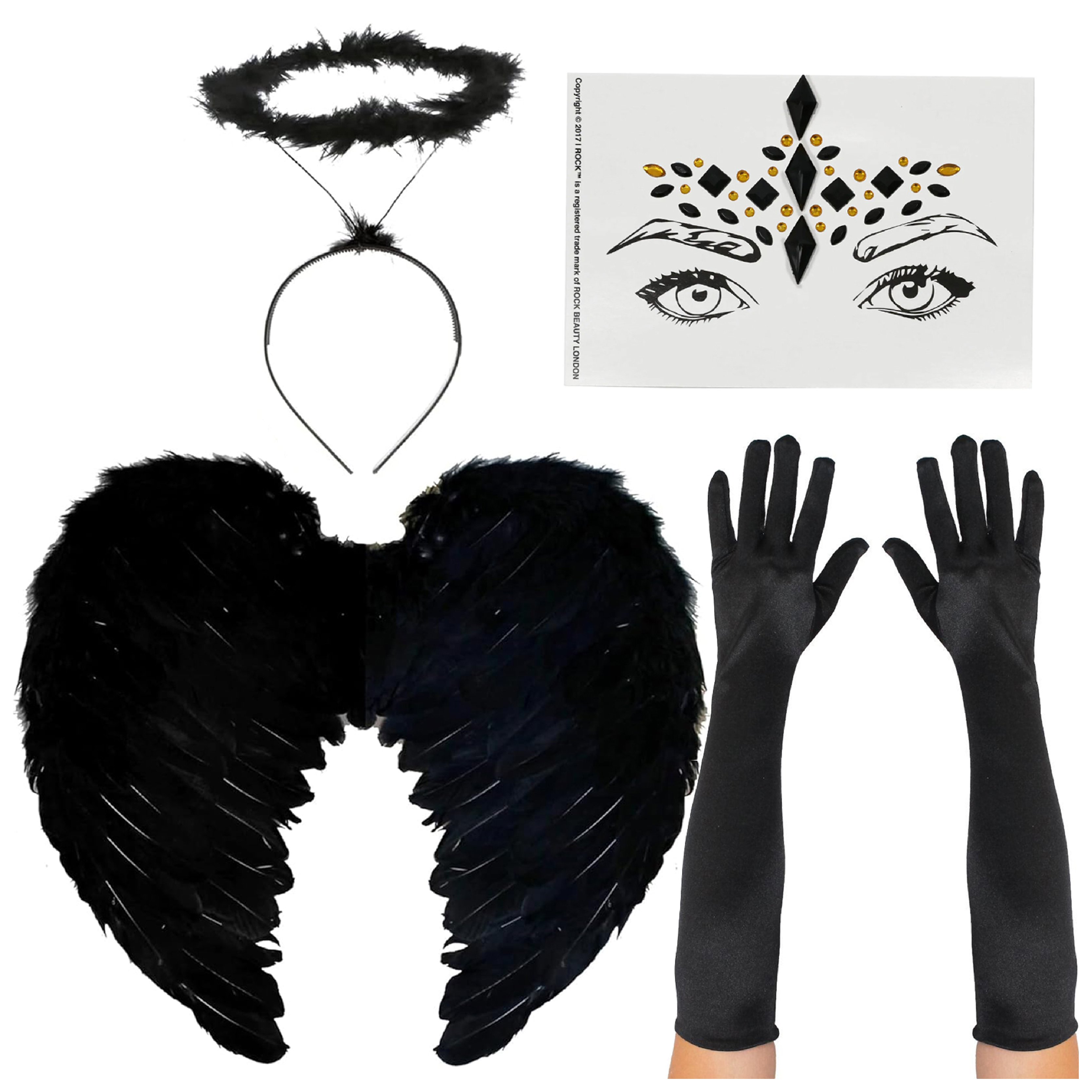Dark Angel Accessory Set - Halo Headband, Wing, Gloves & Face Gems