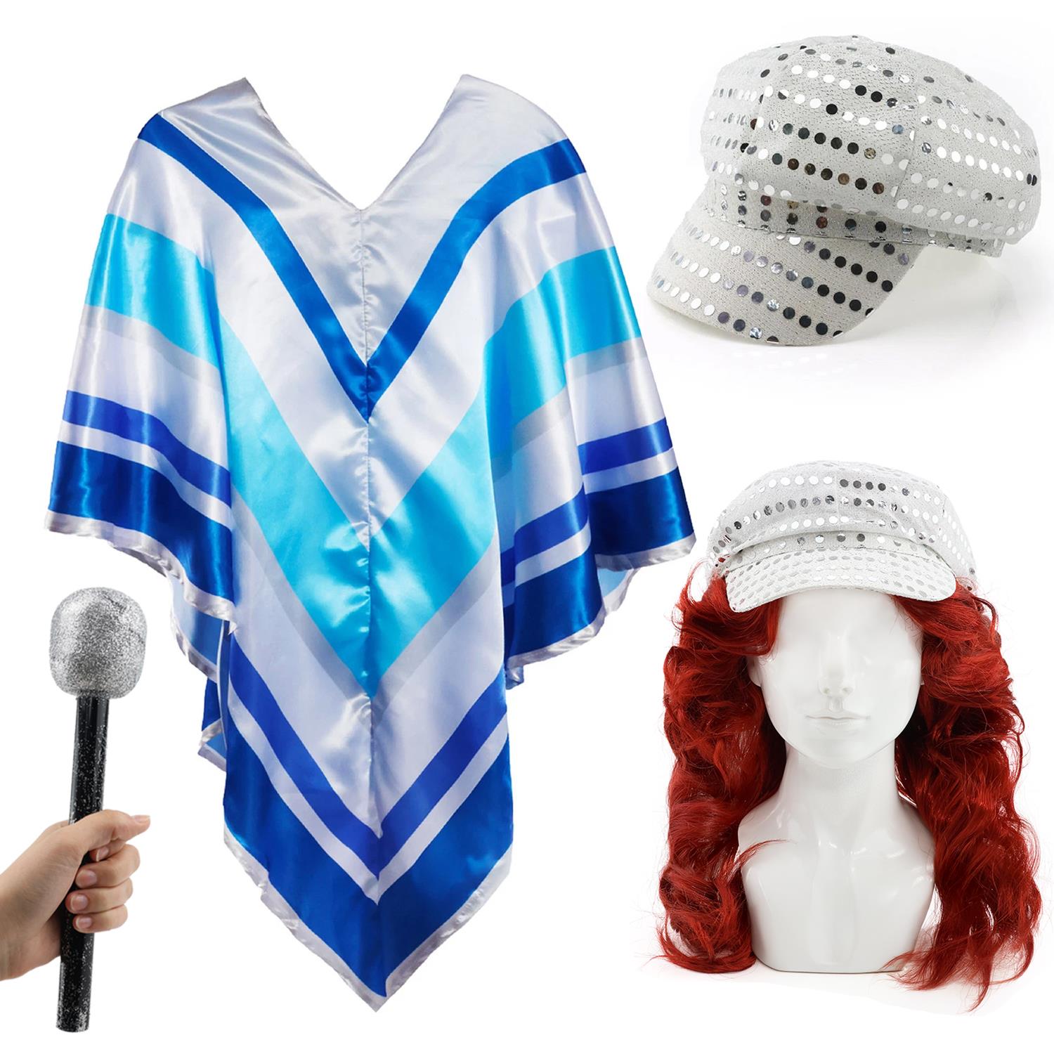 Adults 70's Poncho Costume | 4 Pcs | Poncho, Silver Sequin Hat, Auburn Flick Wig & Microphone